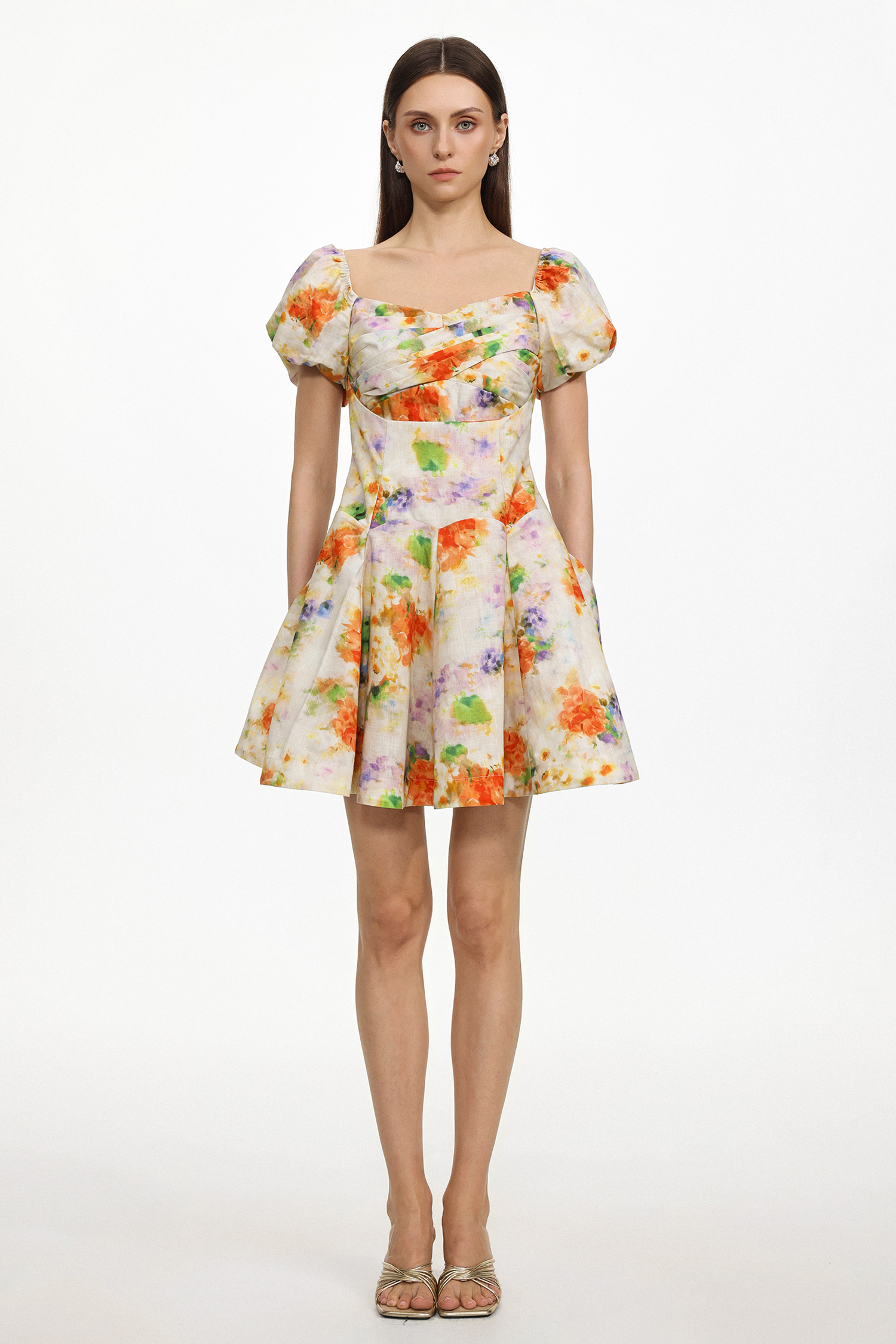 Gearoid Resort Tailored Ruched Puff Sleeve Floral Print Woven Mini Dress