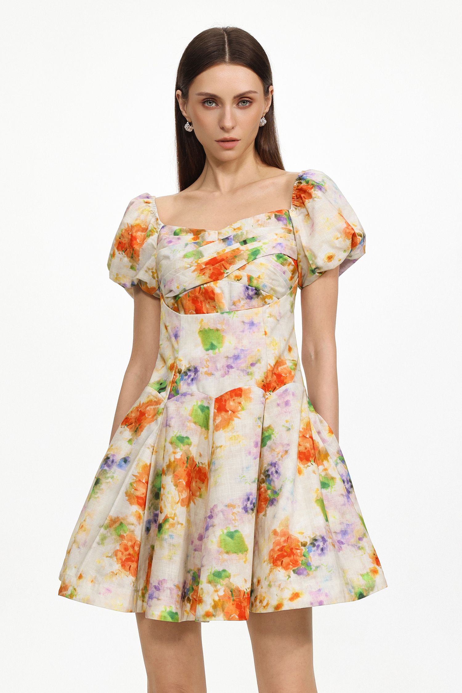 Gearoid Resort Tailored Ruched Puff Sleeve Floral Print Woven Mini Dress