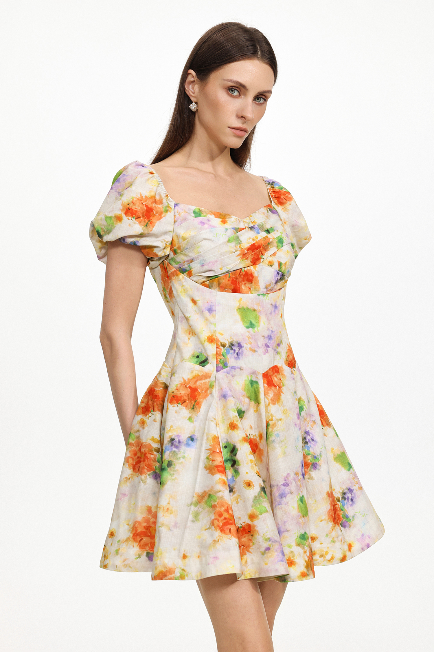 Gearoid Resort Tailored Ruched Puff Sleeve Floral Print Woven Mini Dress