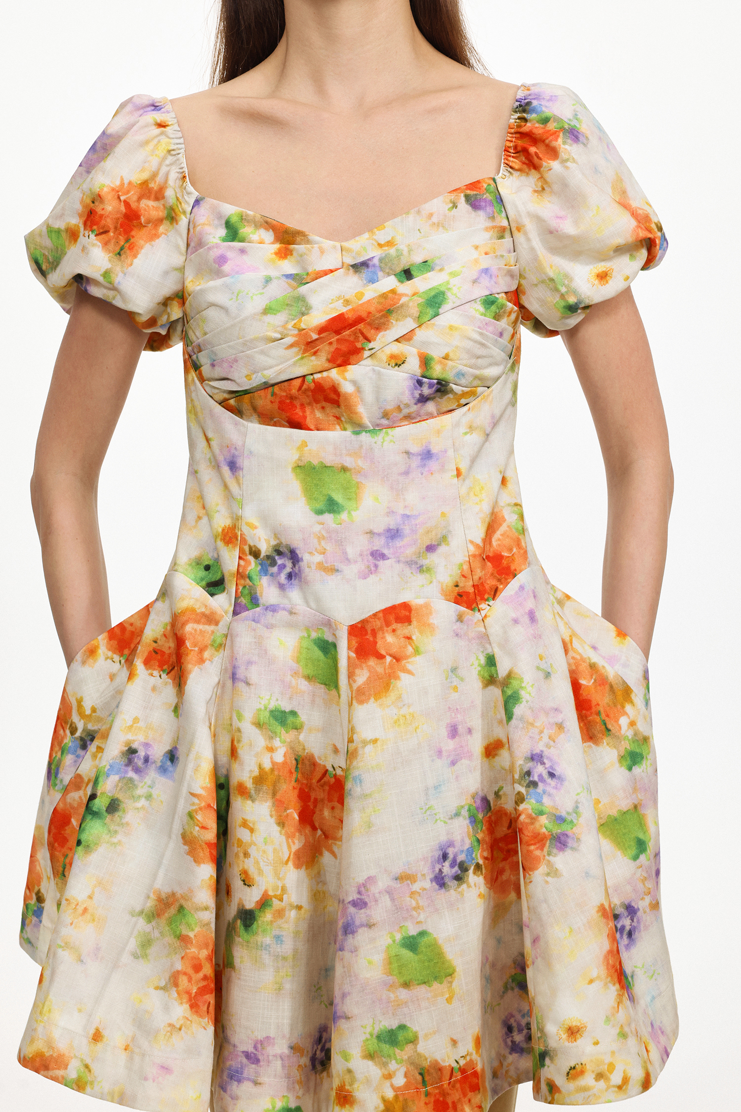 Gearoid Resort Tailored Ruched Puff Sleeve Floral Print Woven Mini Dress