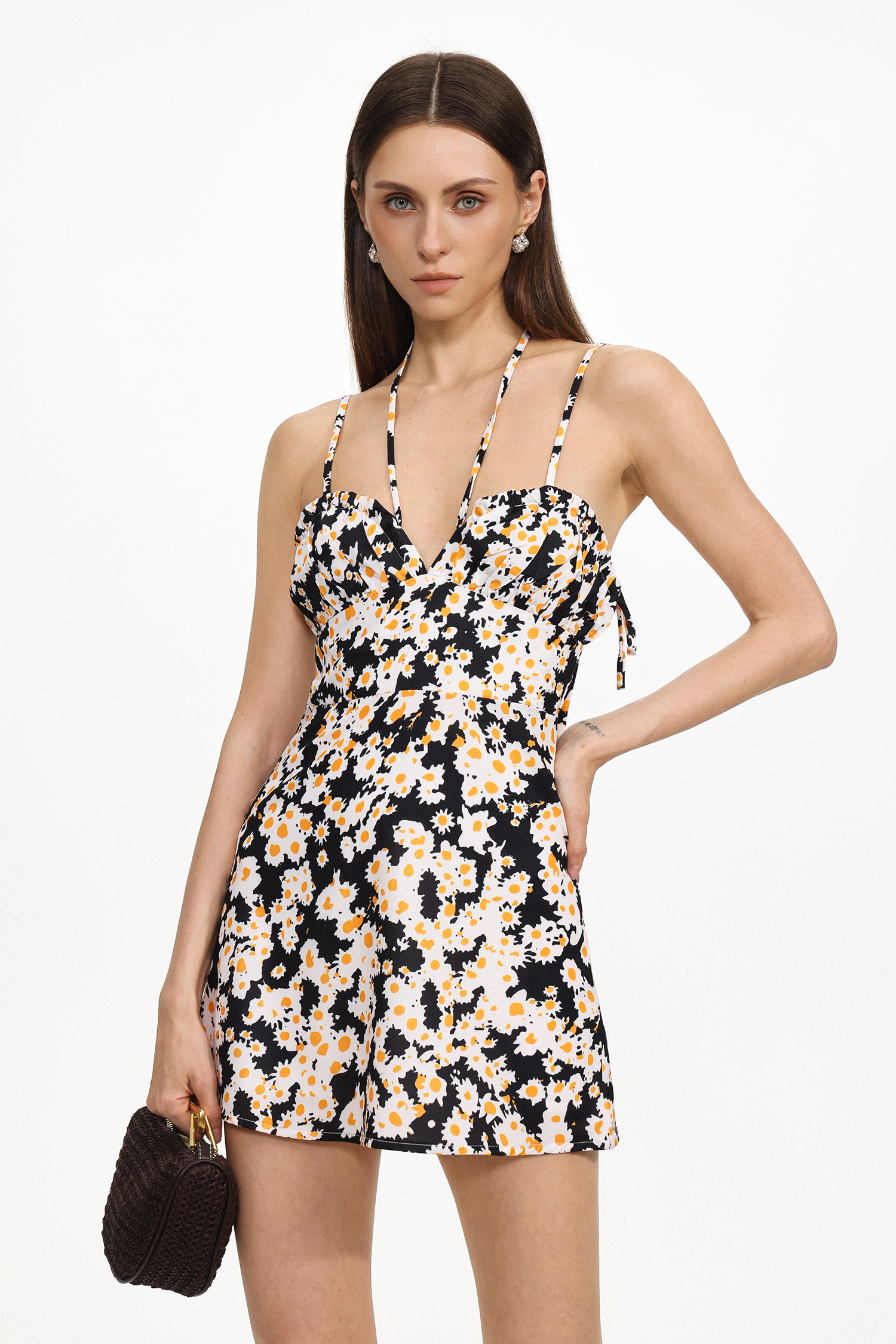 Juliy Resort Cinched Sleeveless Floral Print Woven Mini Dress