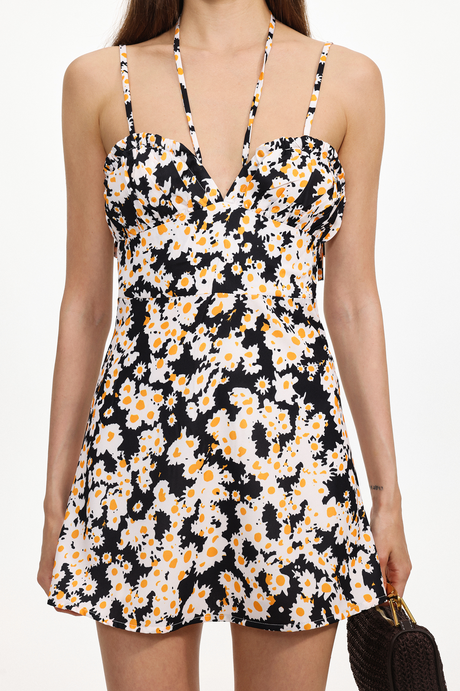 Juliy Resort Cinched Sleeveless Floral Print Woven Mini Dress