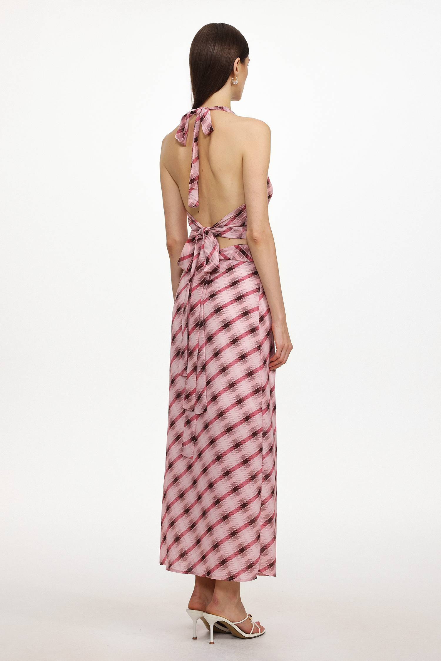 Ivory Resort Flowy Sleeveless Backless Plaid Chiffon Top and Skirt Two Piece Set