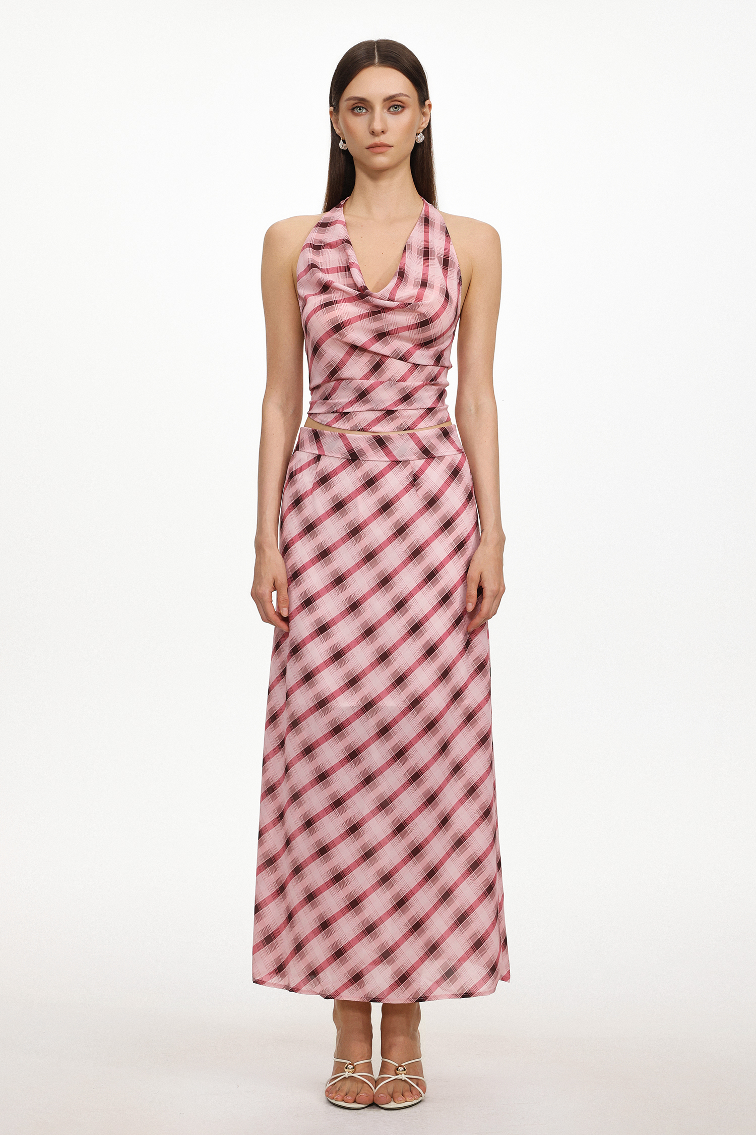 Ivory Resort Flowy Sleeveless Backless Plaid Chiffon Top and Skirt Two Piece Set