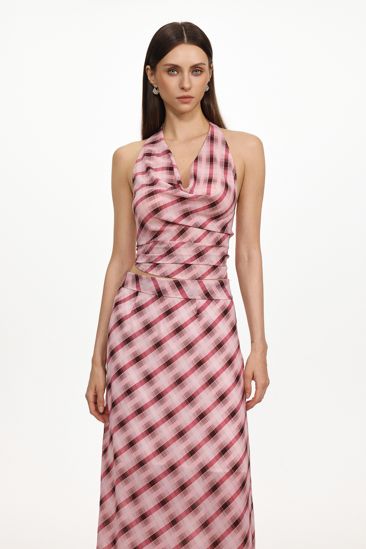 Ivory Resort Flowy Sleeveless Backless Plaid Chiffon Top and Skirt Two Piece Set