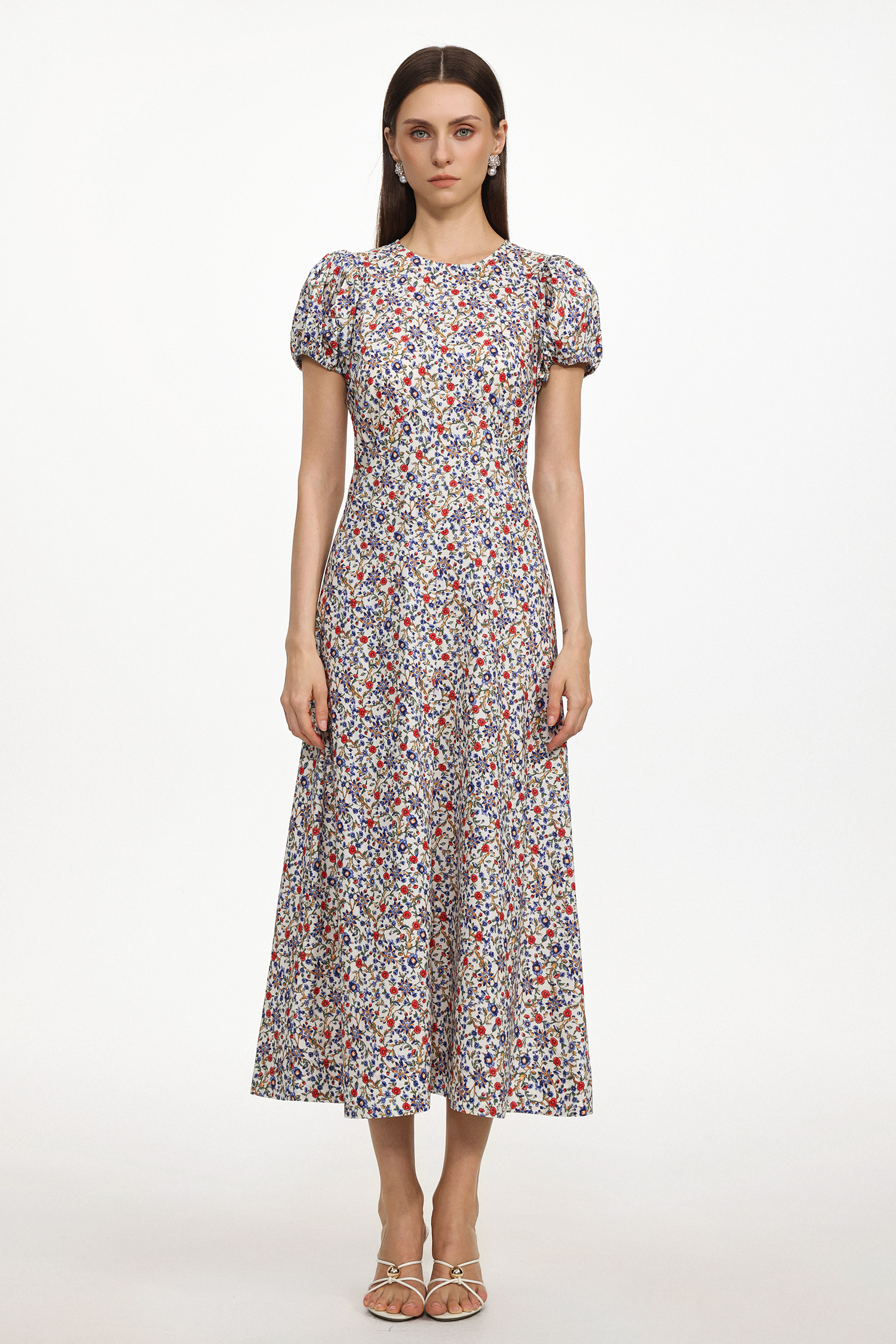 Fara Classic Flowy Round Neck Puff Sleeve Floral Print Woven Maxi Dress