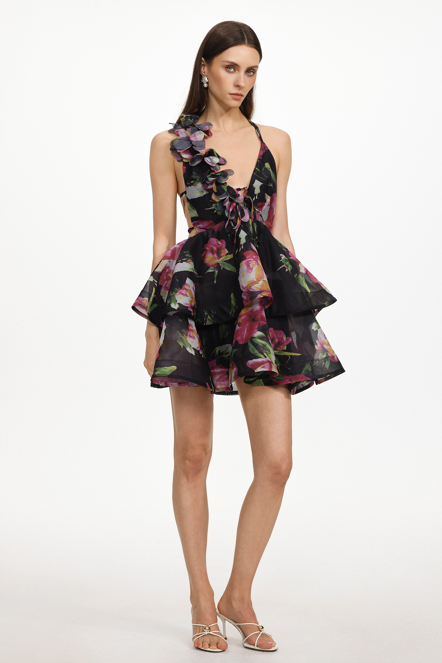 Sophia Resort Flowy V Neck Sleeveless Floral Print Woven Mini Dress
