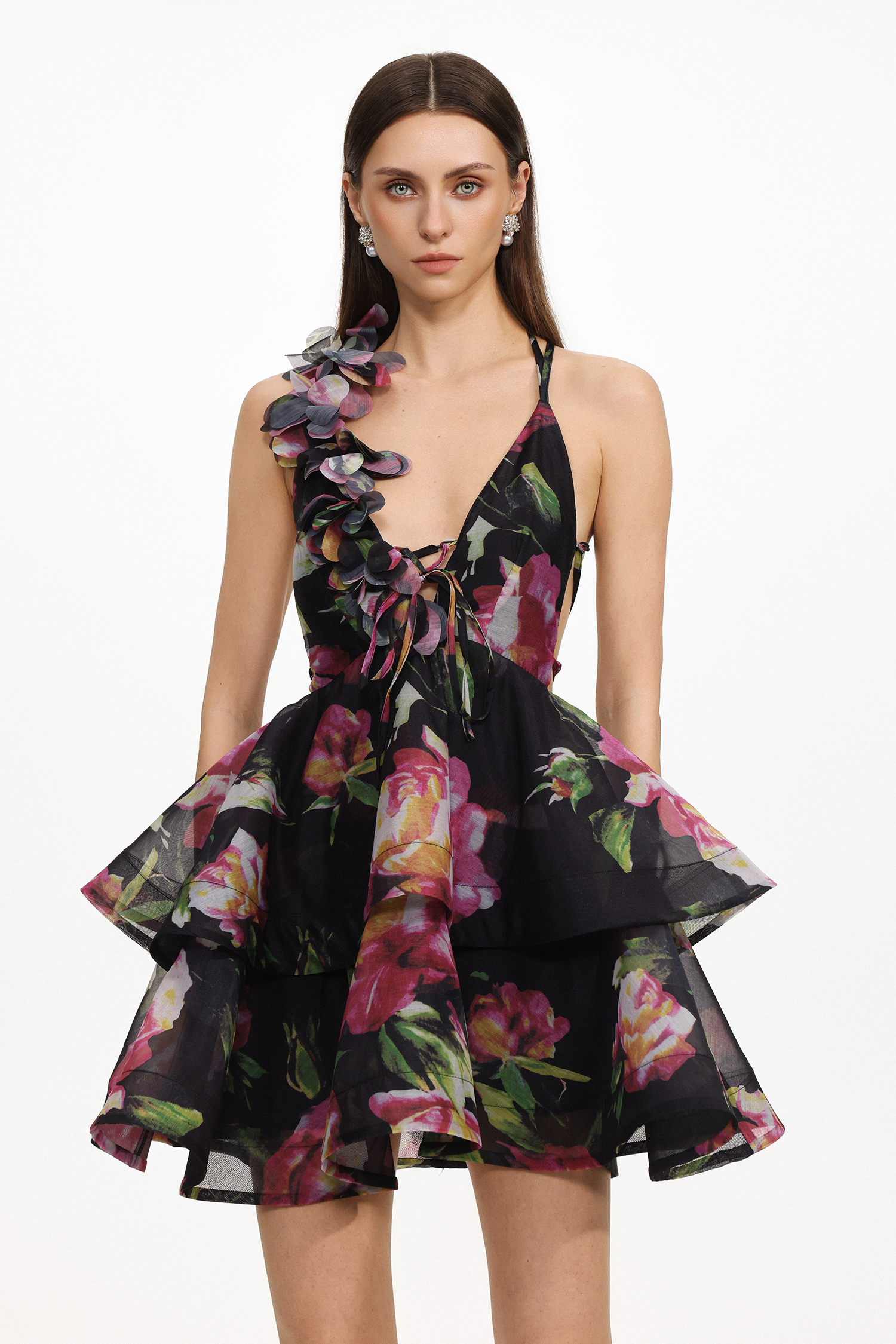 Sophia Resort Flowy V Neck Sleeveless Floral Print Woven Mini Dress