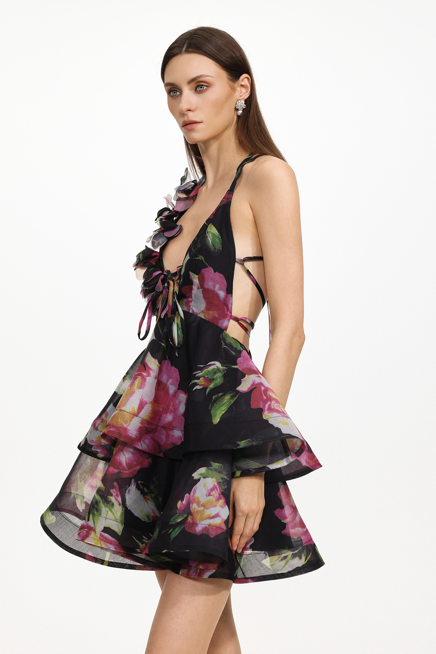 Sophia Resort Flowy V Neck Sleeveless Floral Print Woven Mini Dress