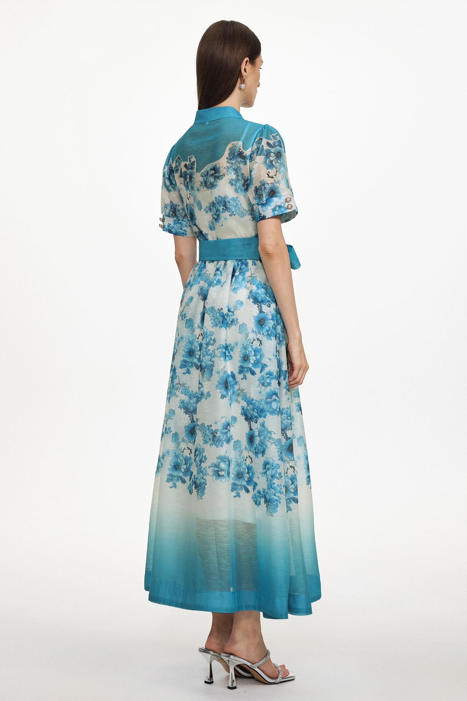 Vilane Resort Flowy Short Sleeve Floral Print Woven Blue Maxi Dress