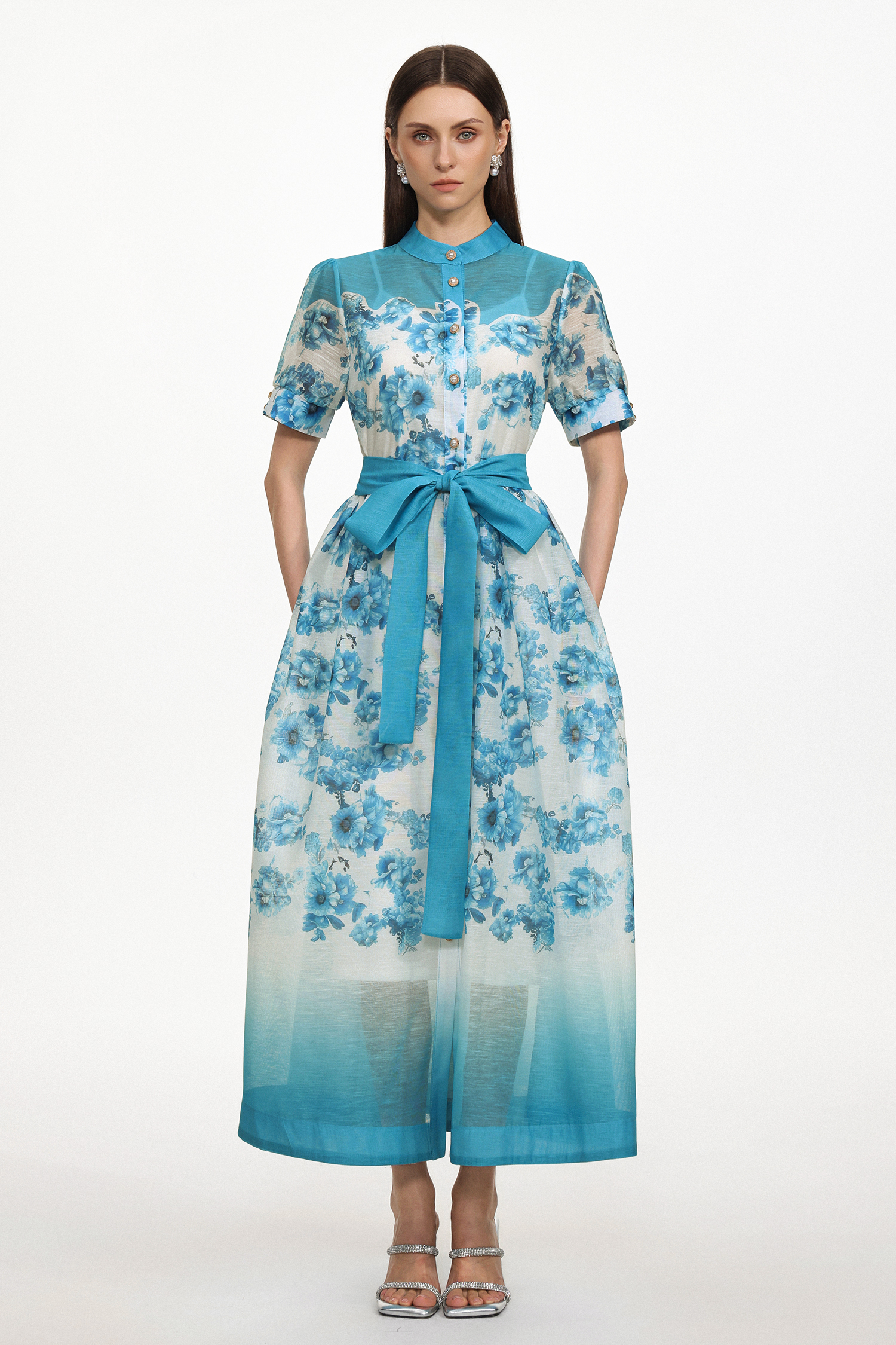Vilane Resort Flowy Short Sleeve Floral Print Woven Blue Maxi Dress