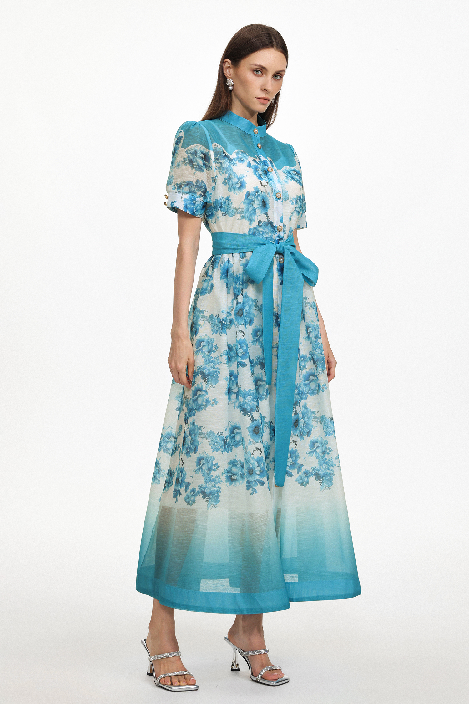 Vilane Resort Flowy Short Sleeve Floral Print Woven Blue Maxi Dress