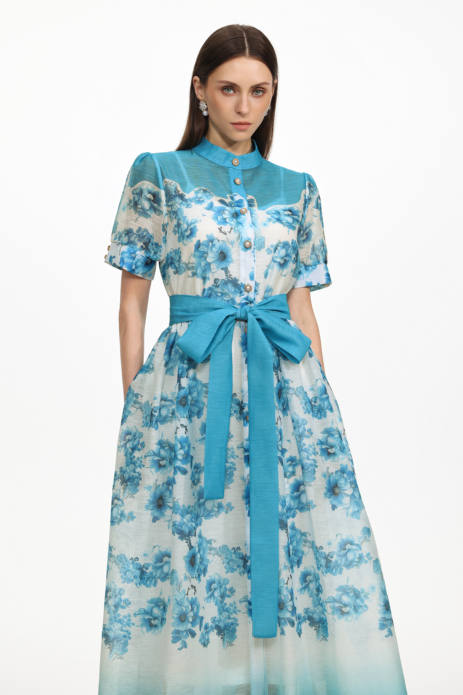 Vilane Resort Flowy Short Sleeve Floral Print Woven Blue Maxi Dress