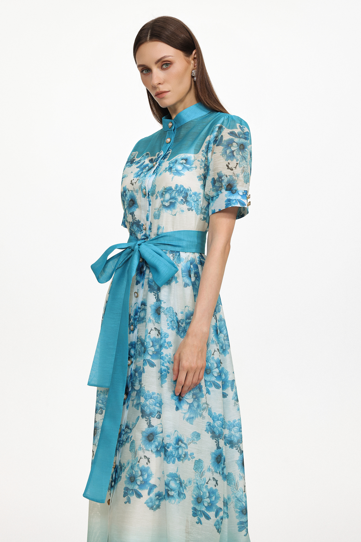 Vilane Resort Flowy Short Sleeve Floral Print Woven Blue Maxi Dress