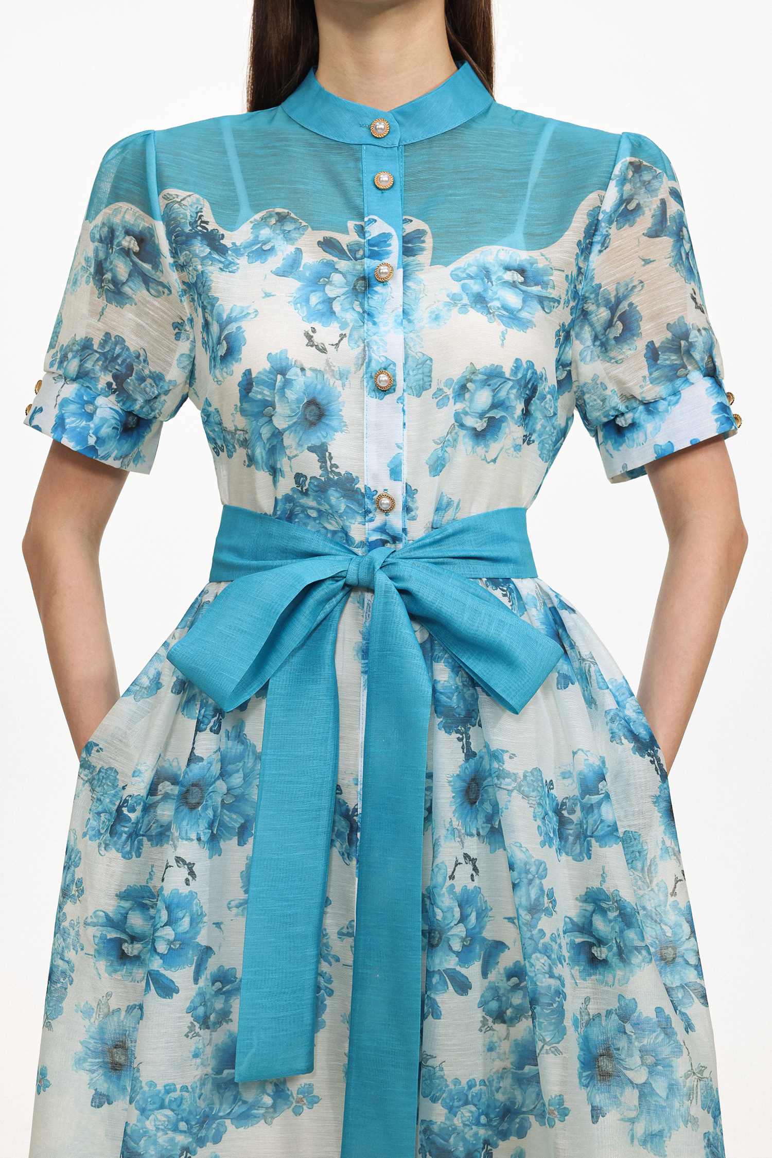 Vilane Resort Flowy Short Sleeve Floral Print Woven Blue Maxi Dress