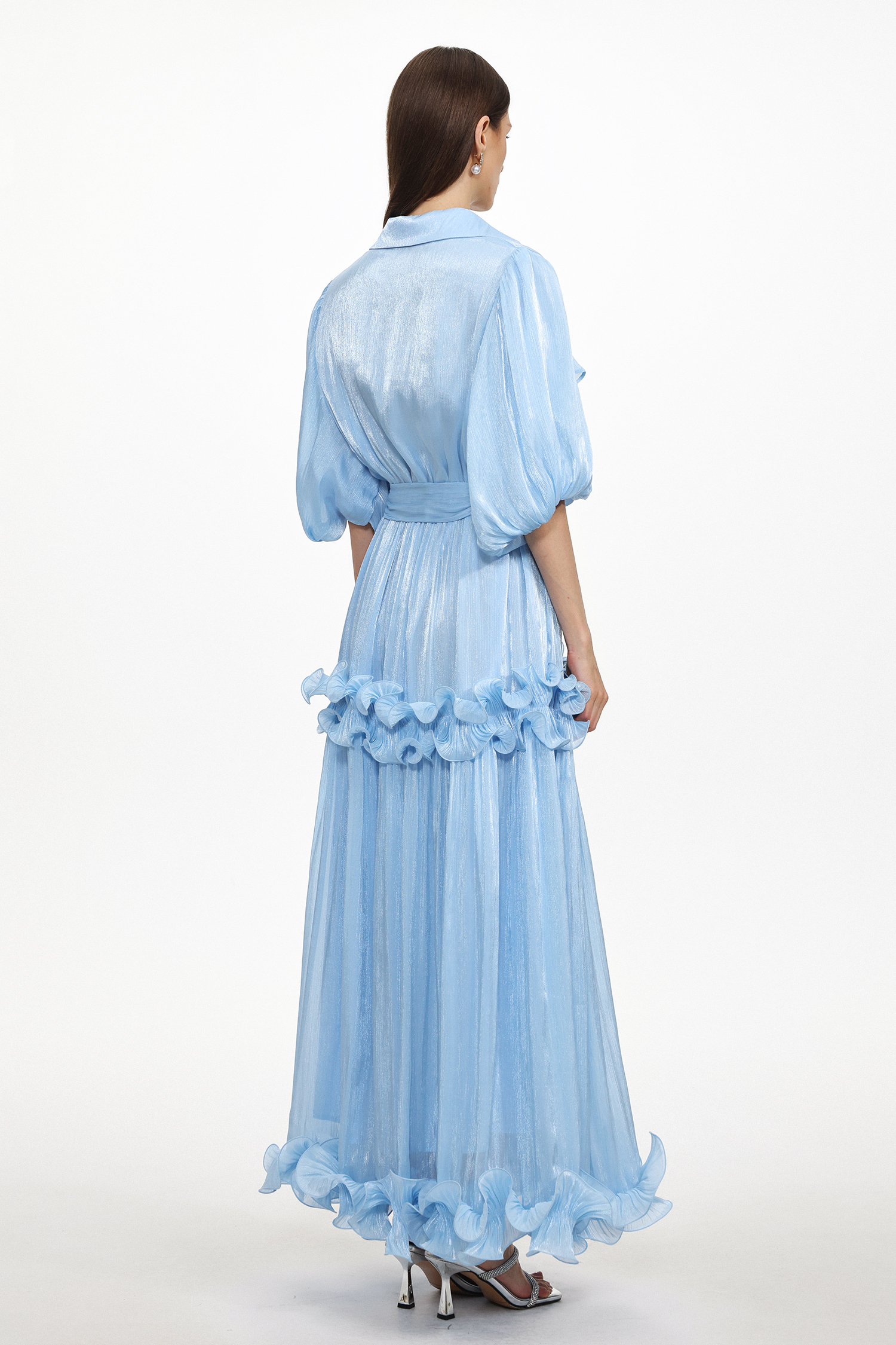 Lori Resort Flowy Short Sleeve Ruched Ruffle Organza Maxi Dress
