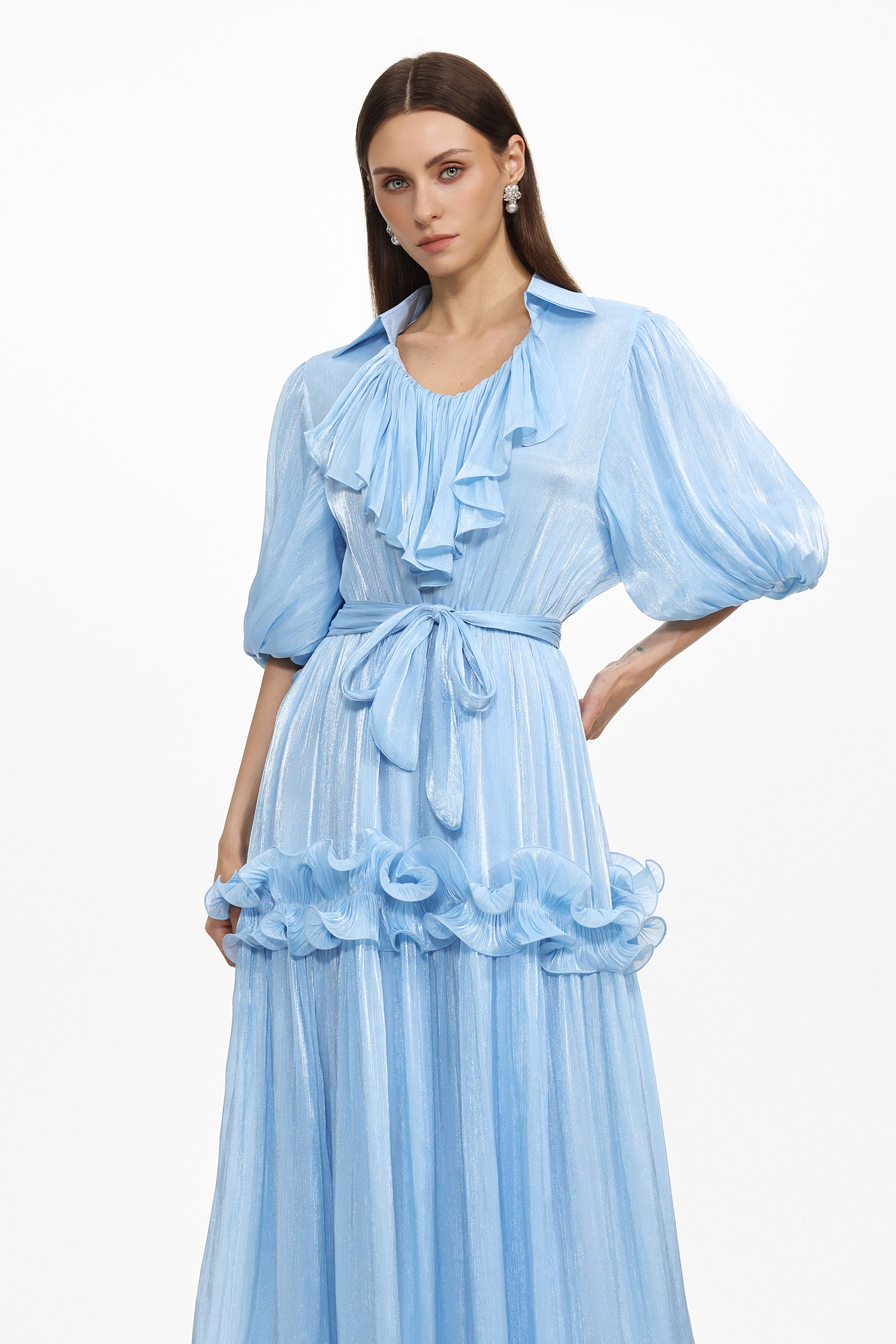 Lori Resort Flowy Short Sleeve Ruched Ruffle Organza Maxi Dress