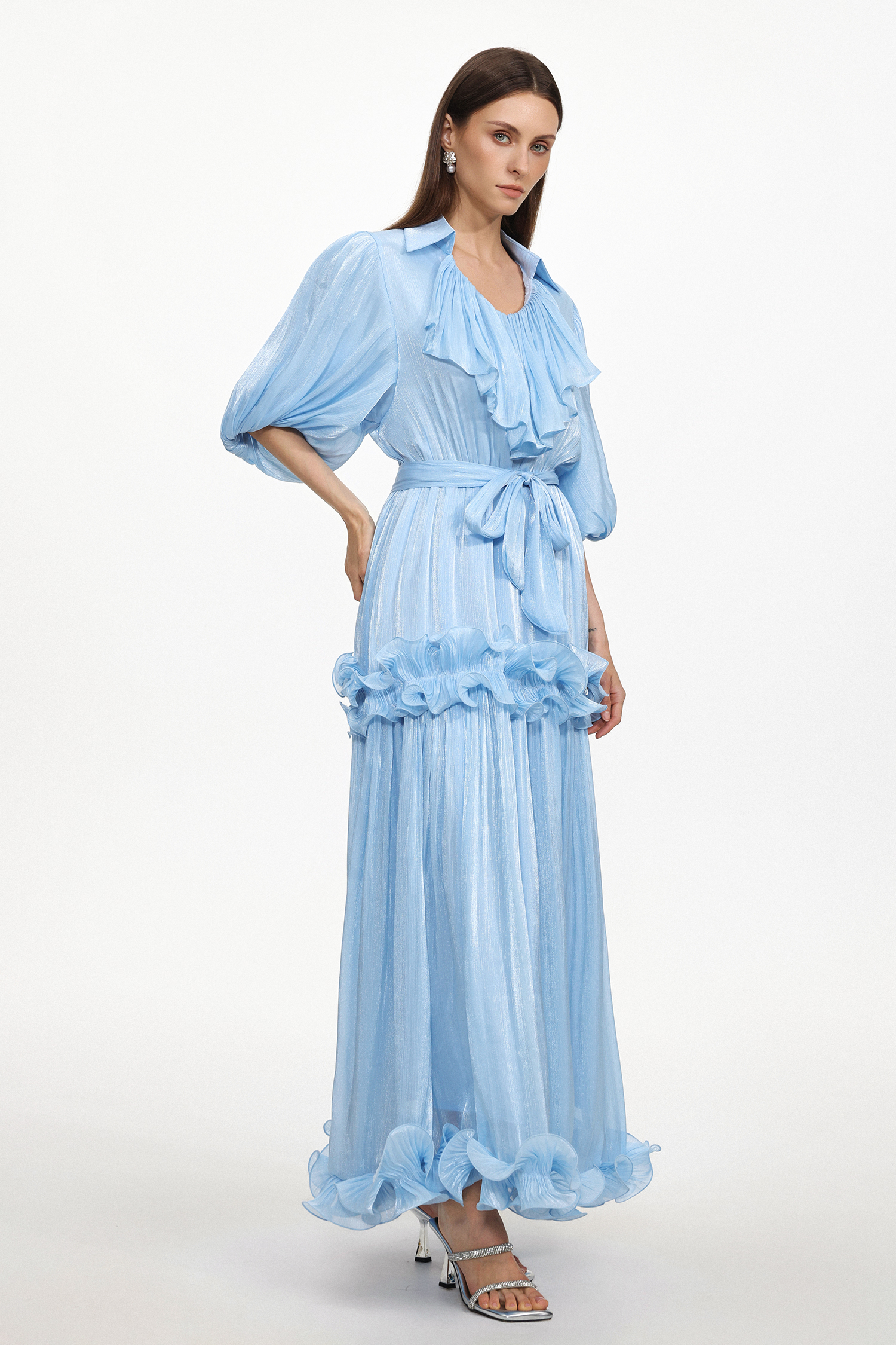 Lori Resort Flowy Short Sleeve Ruched Ruffle Organza Maxi Dress