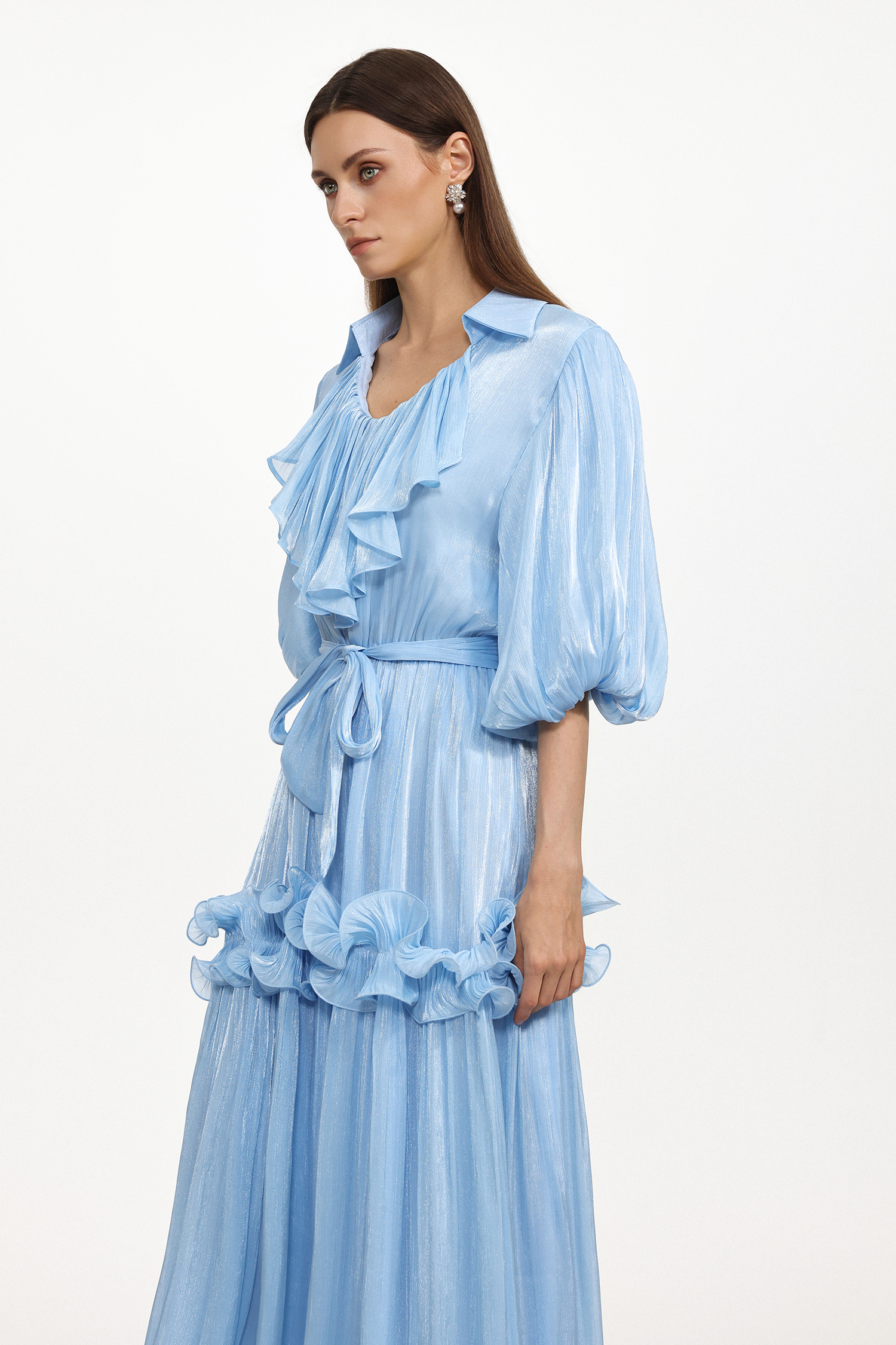 Lori Resort Flowy Short Sleeve Ruched Ruffle Organza Maxi Dress