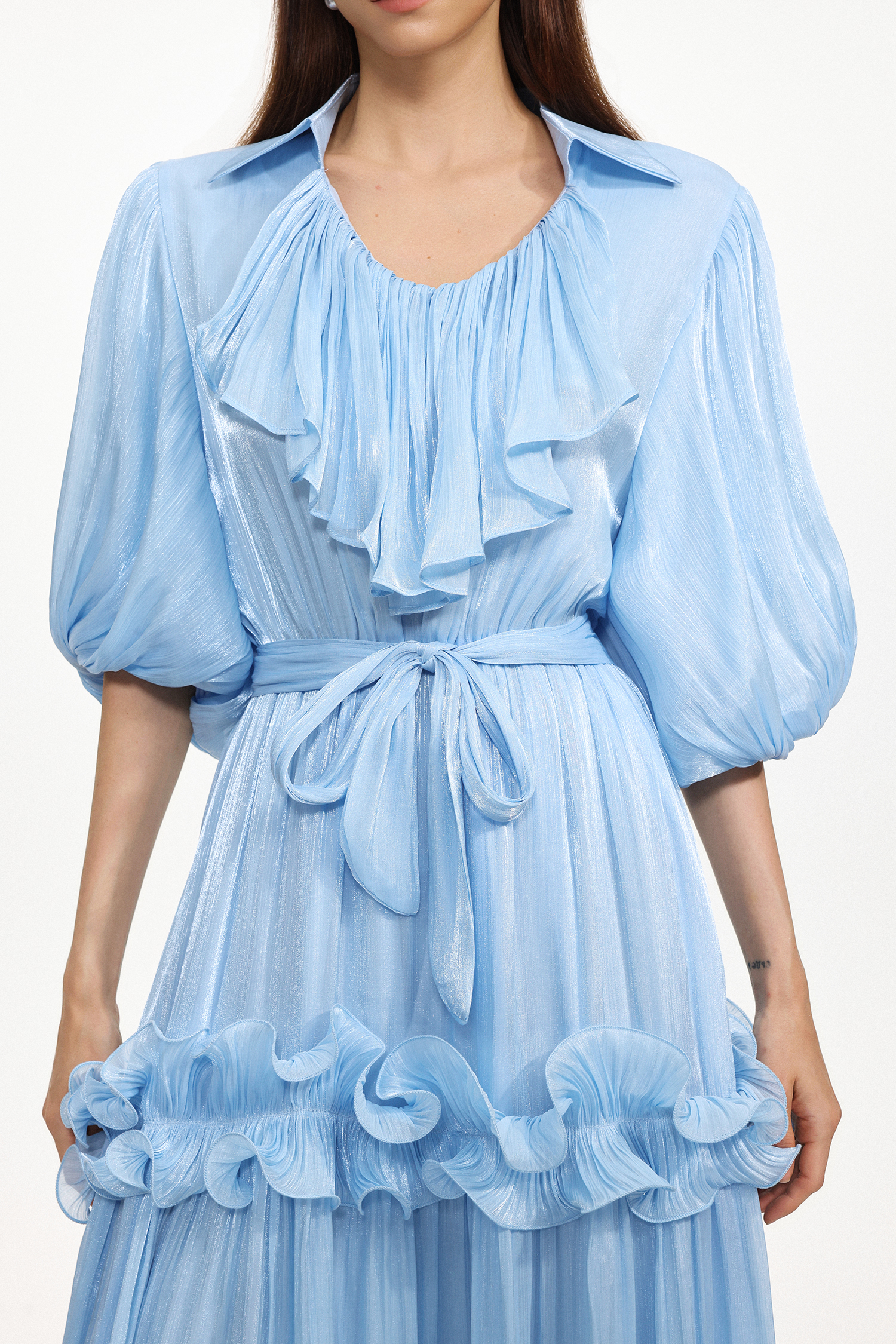 Lori Resort Flowy Short Sleeve Ruched Ruffle Organza Maxi Dress
