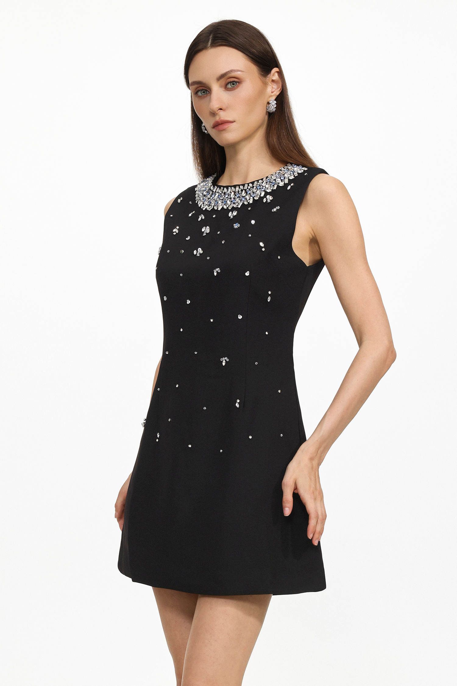 Mirelle Elegant Tailored Round Neck Sleeveless Rhinestone Woven Mini Dress