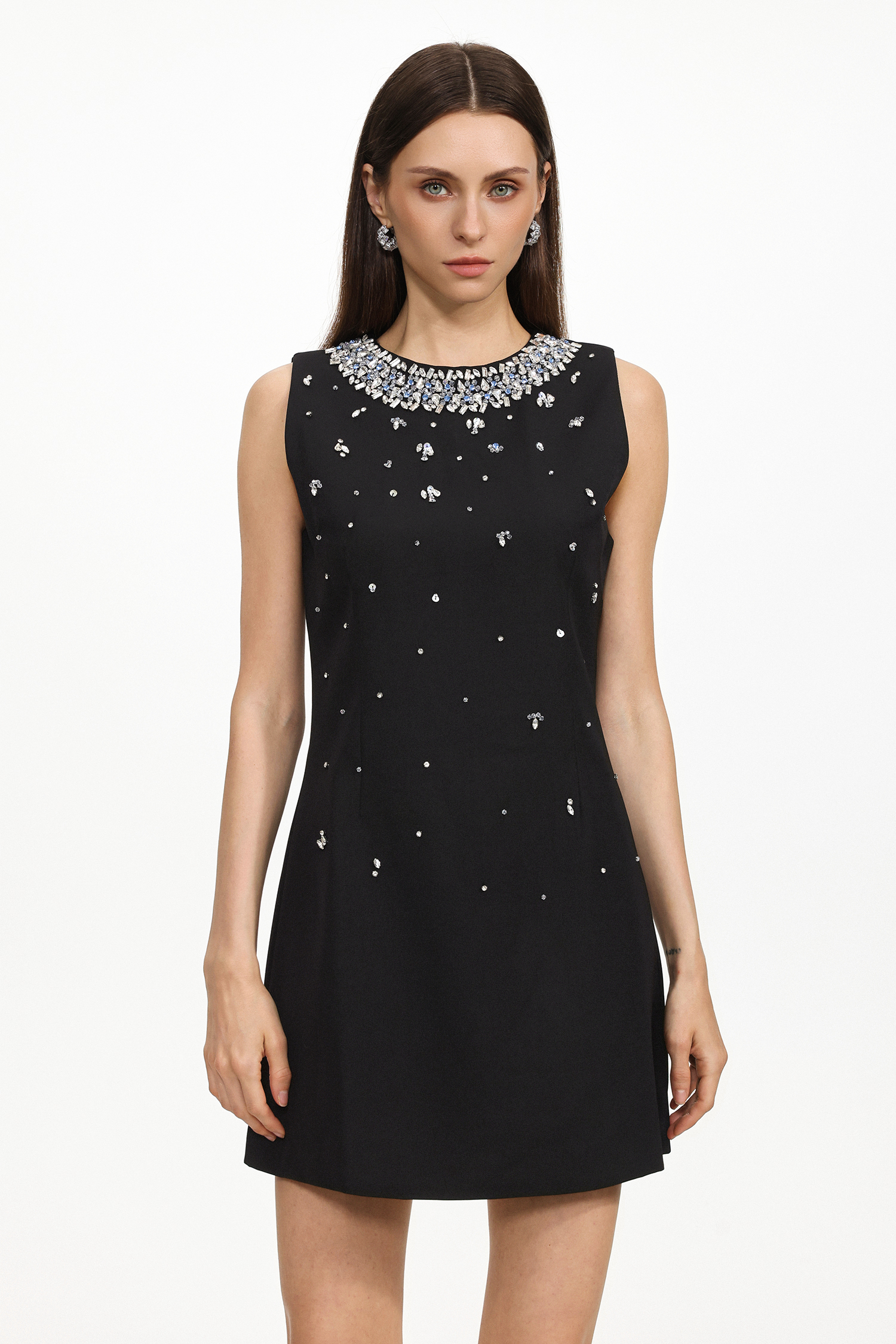 Mirelle Elegant Tailored Round Neck Sleeveless Rhinestone Woven Mini Dress
