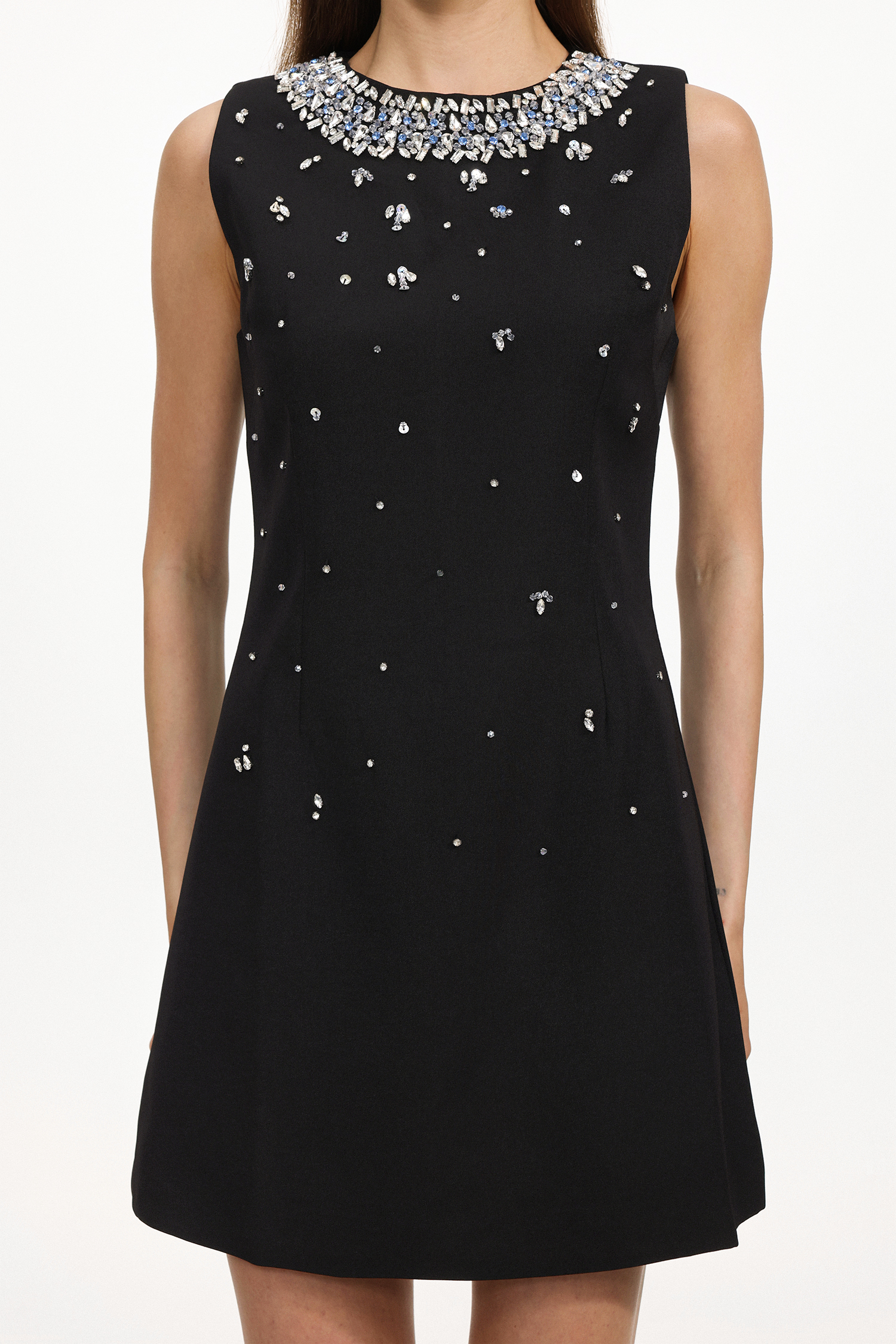 Mirelle Elegant Tailored Round Neck Sleeveless Rhinestone Woven Mini Dress