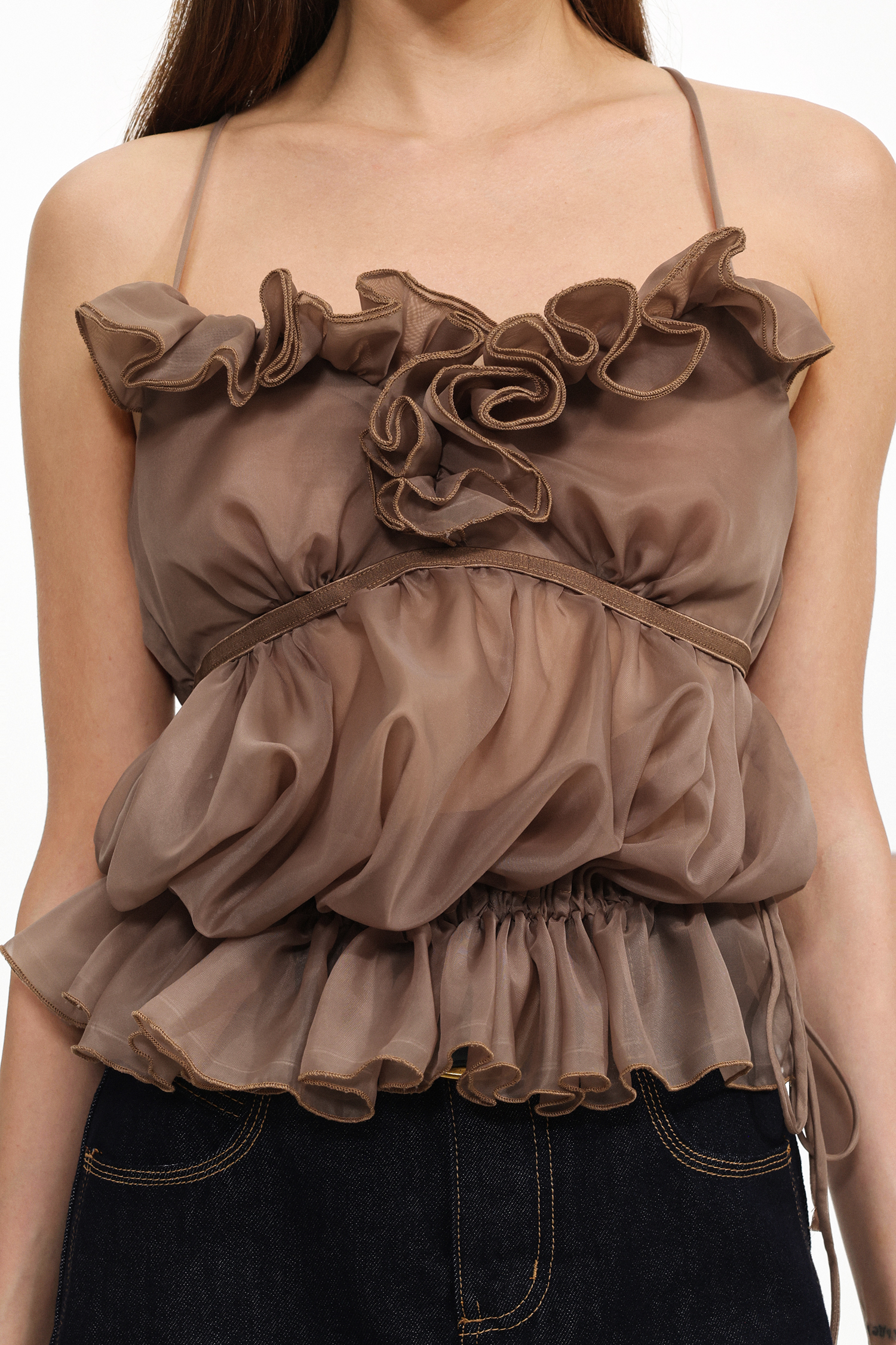 Wenda Resort Sleeveless Ruched Ruffle Woven Top