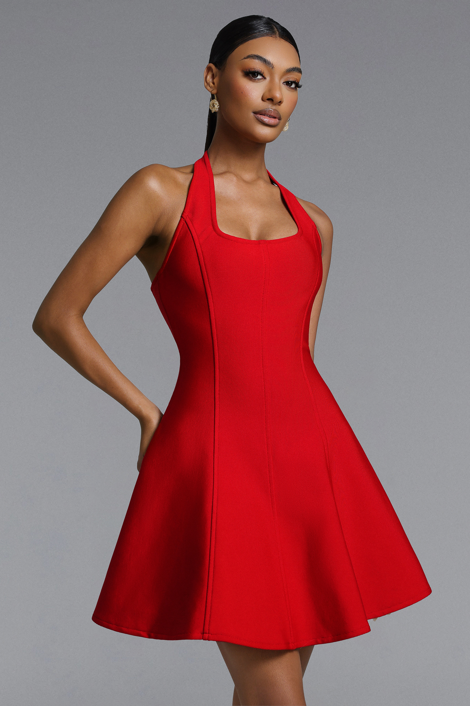 Dyani Classic Contour Halter Square Neck Bandage Mini Dress