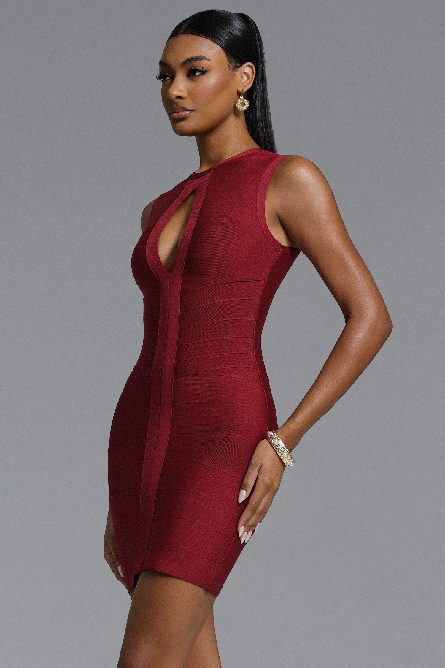 Sue Sexy Contour Sleeveless Cut Out Stripe Bandage Mini Dress