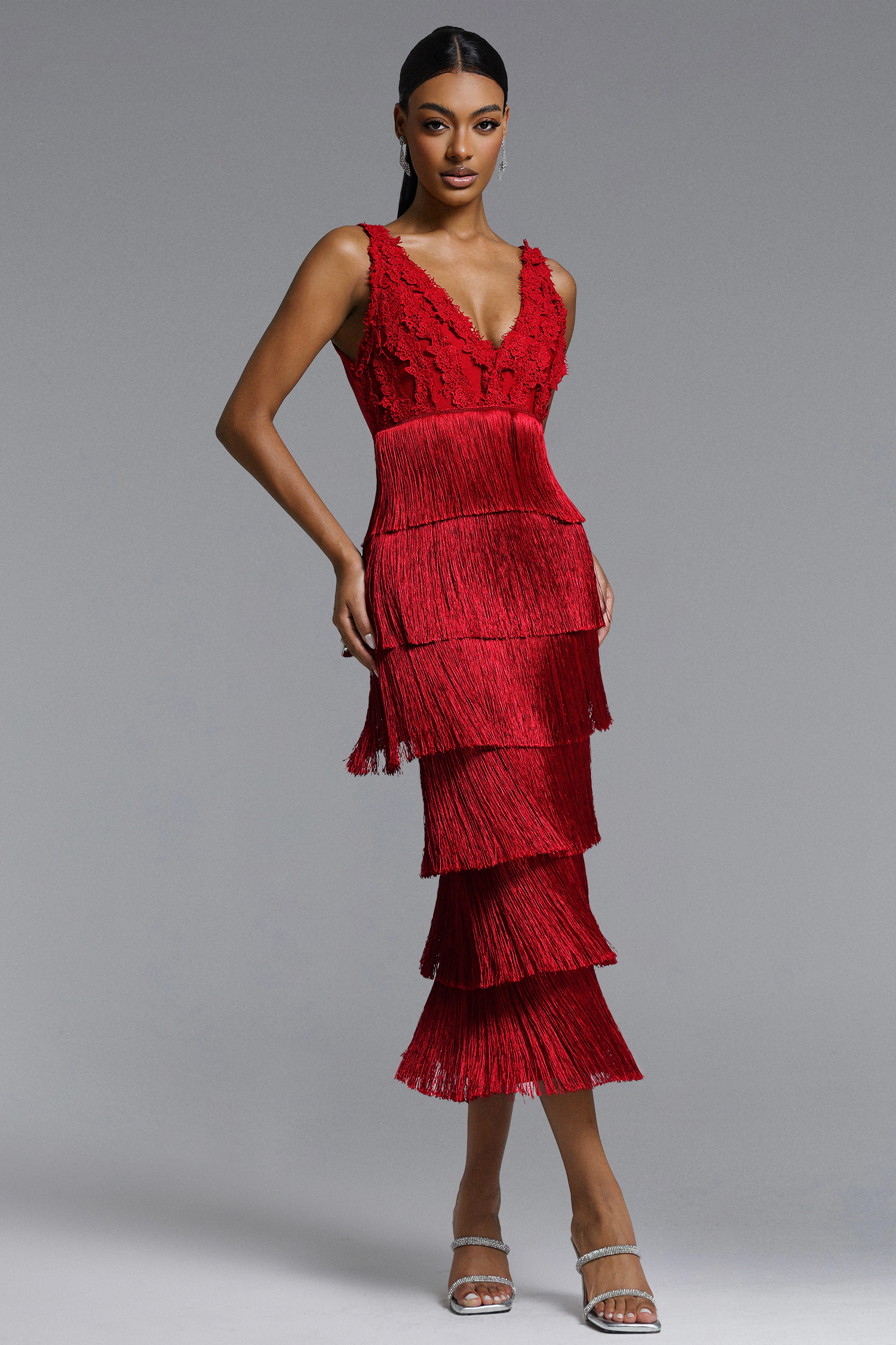 Ingrid Romantic Contour V Neck Fringe Lace Bandage Maxi Dress