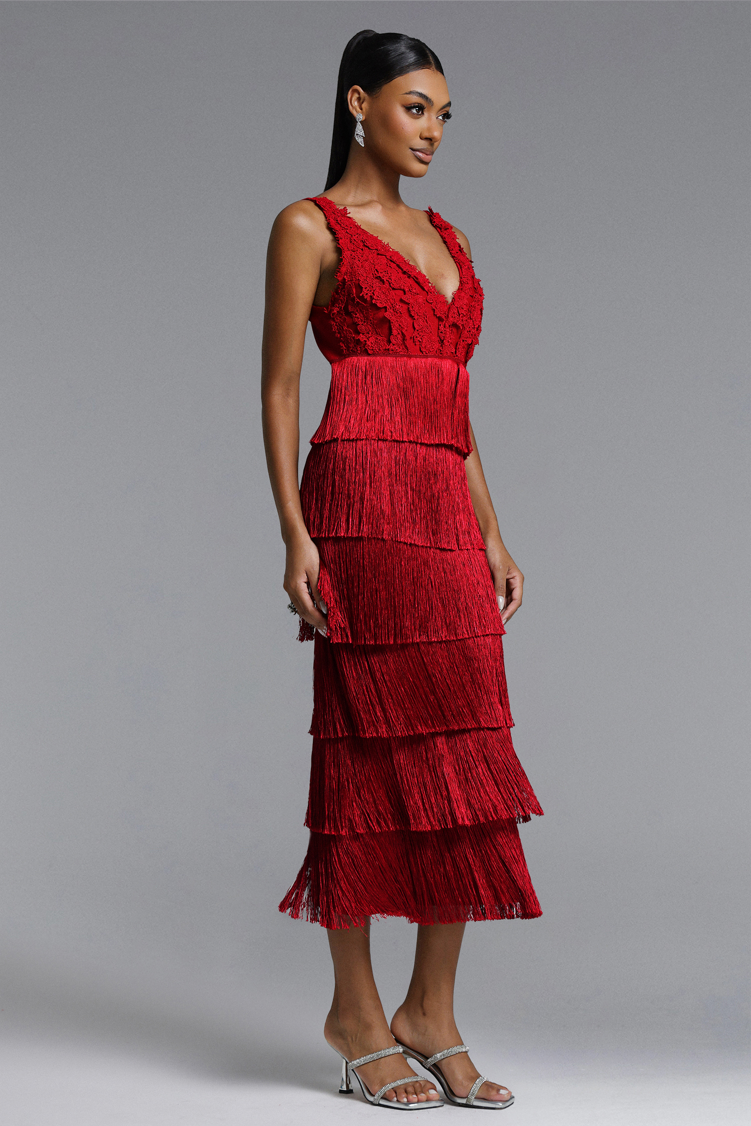 Ingrid Romantic Contour V Neck Fringe Lace Bandage Maxi Dress