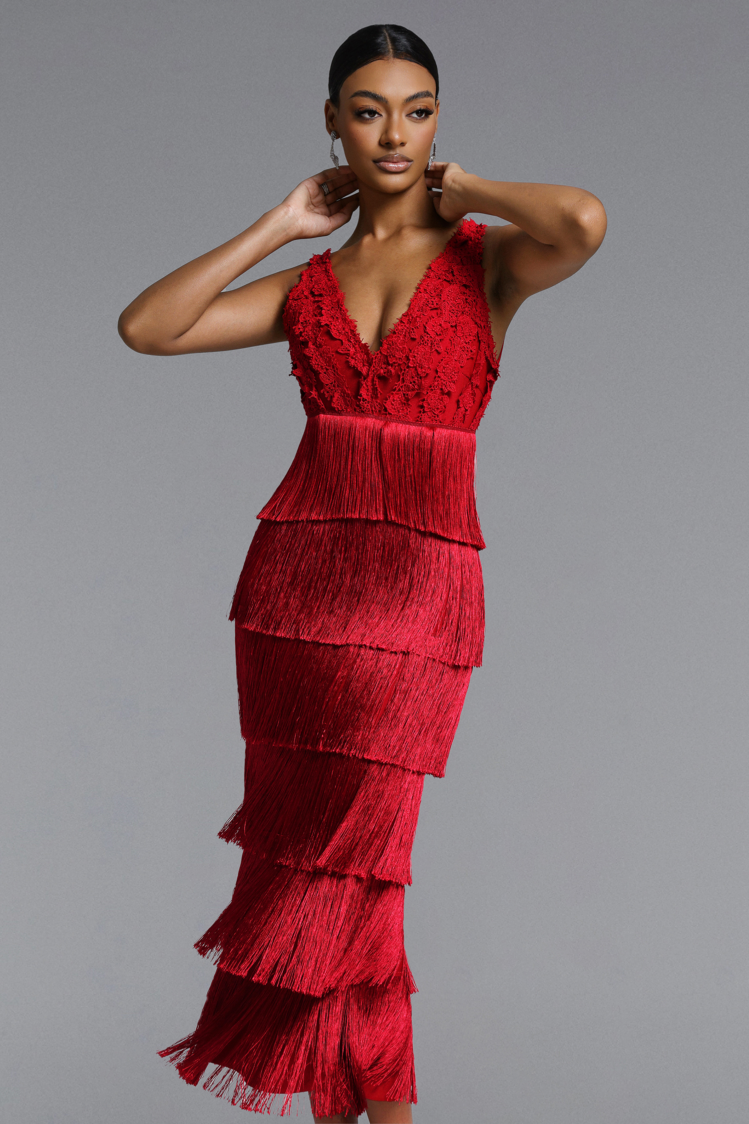 Ingrid Romantic Contour V Neck Fringe Lace Bandage Maxi Dress