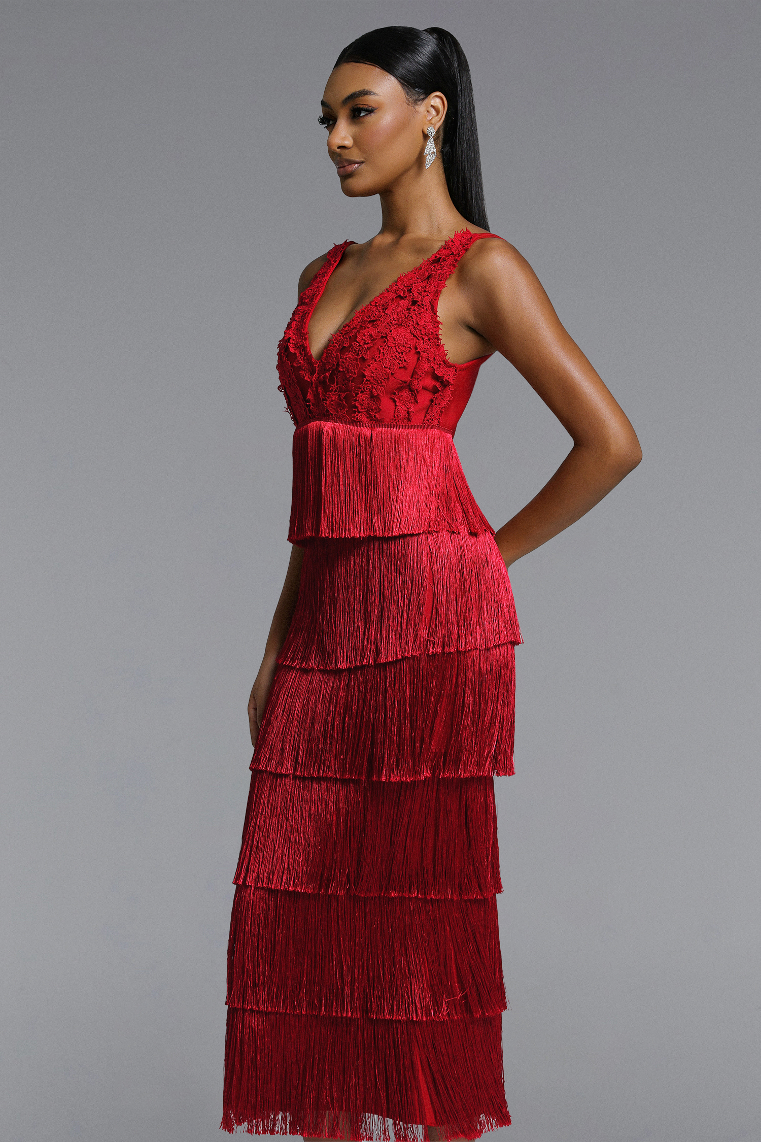 Ingrid Romantic Contour V Neck Fringe Lace Bandage Maxi Dress