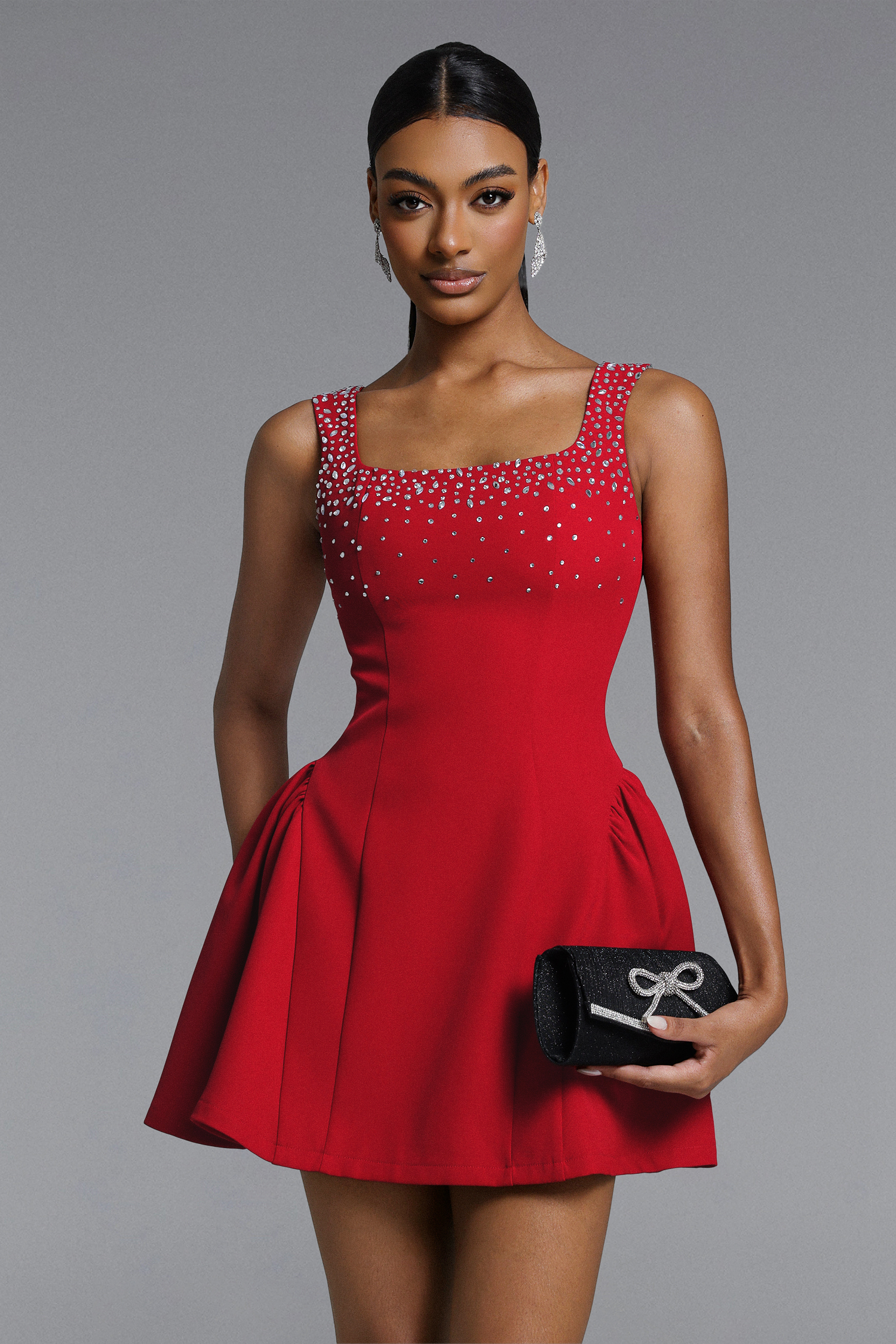 Trese Classic Tailored Square Neck Pleated Crystal Mini Dress