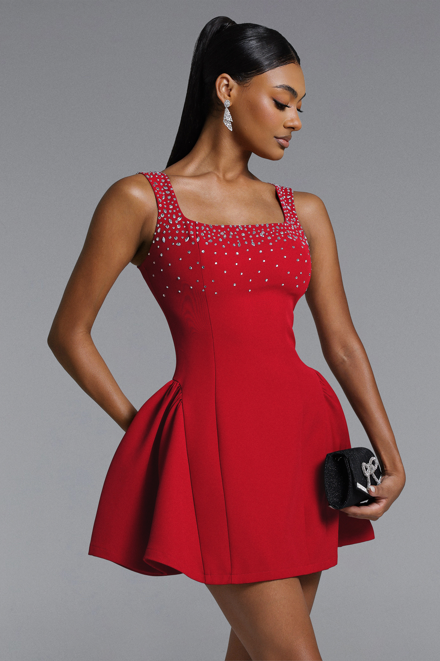 Trese Classic Tailored Square Neck Pleated Crystal Mini Dress