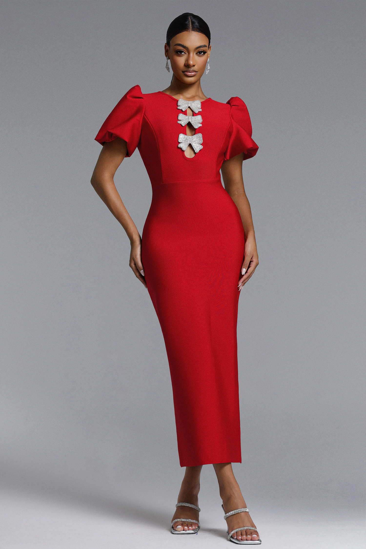 Lazze Romantic Contour Puff Sleeve Bow Bandage Maxi Dress