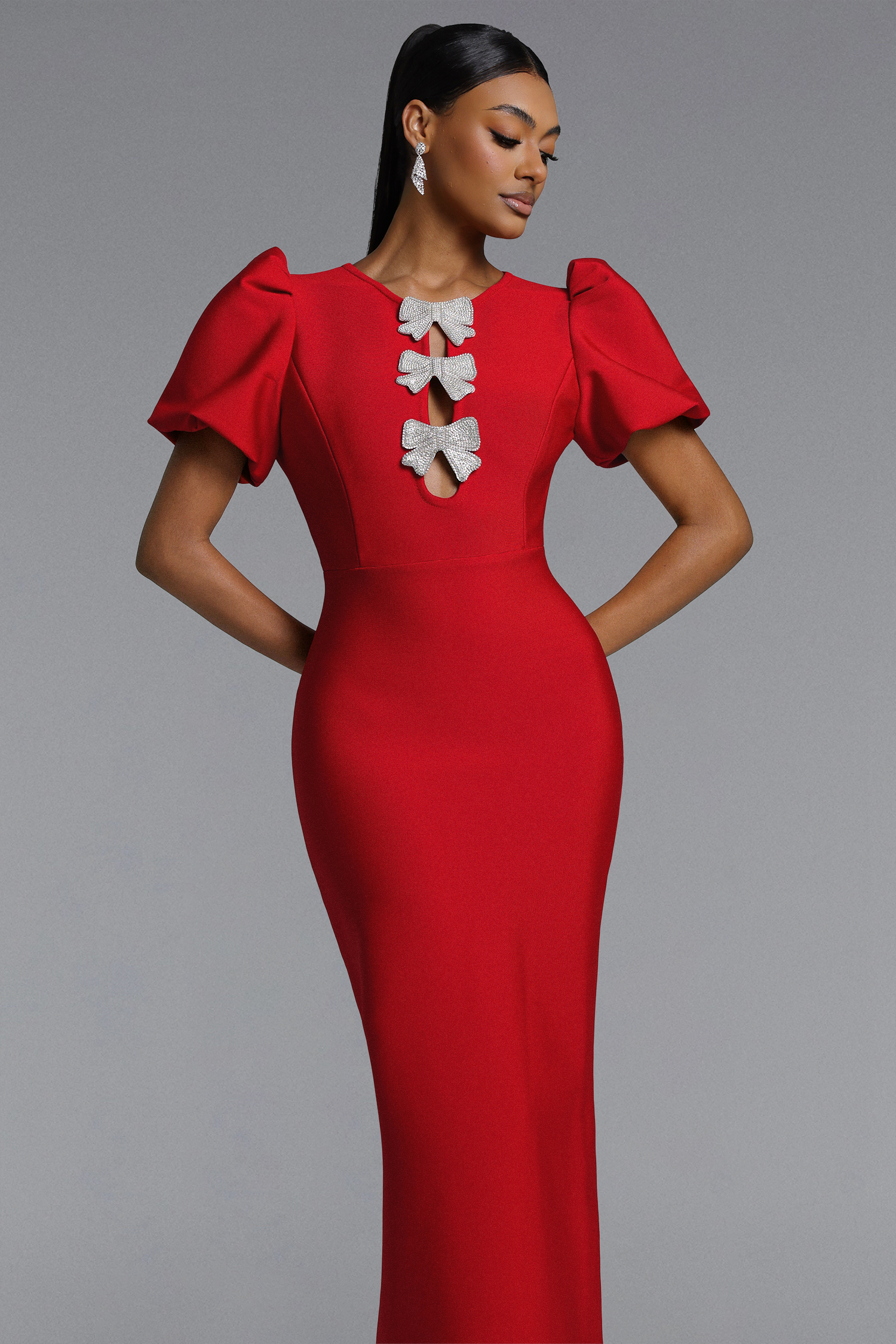 Lazze Romantic Contour Puff Sleeve Bow Bandage Maxi Dress