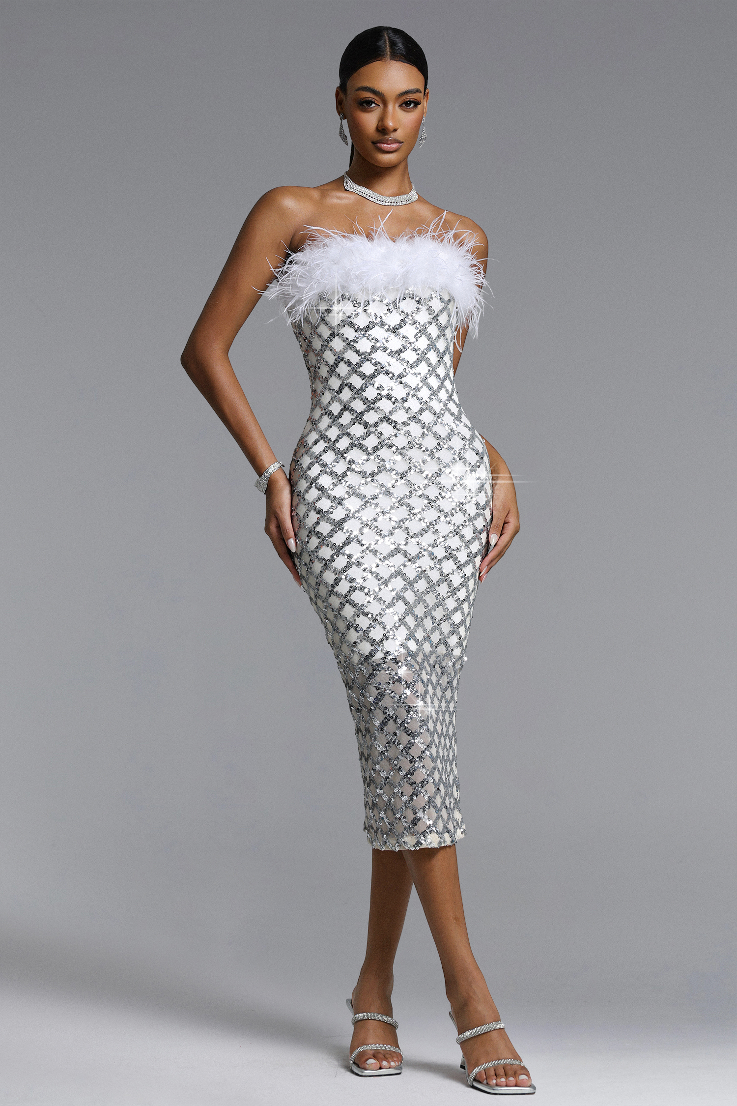 Yazaira Feather Sequin Dress