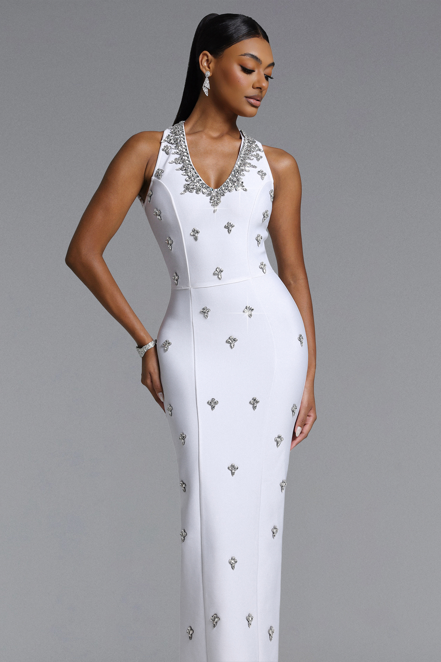 Ibbie Glamorous Contour Halter V Neck Rhinestone Bandage Maxi Dress