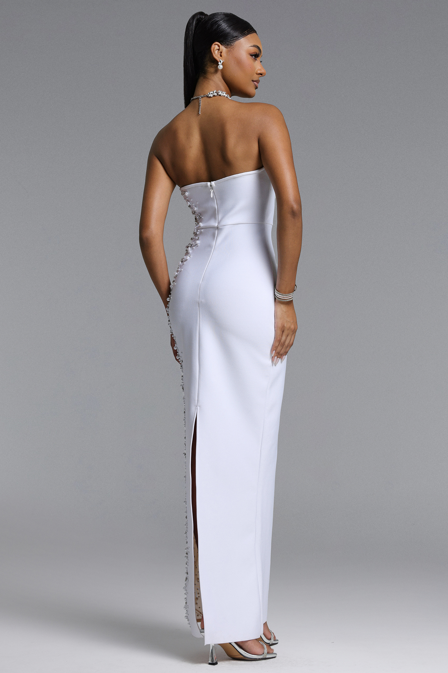 Milena Elegant Contour Strapless Pearl Rhinestone Bandage Maxi Dress