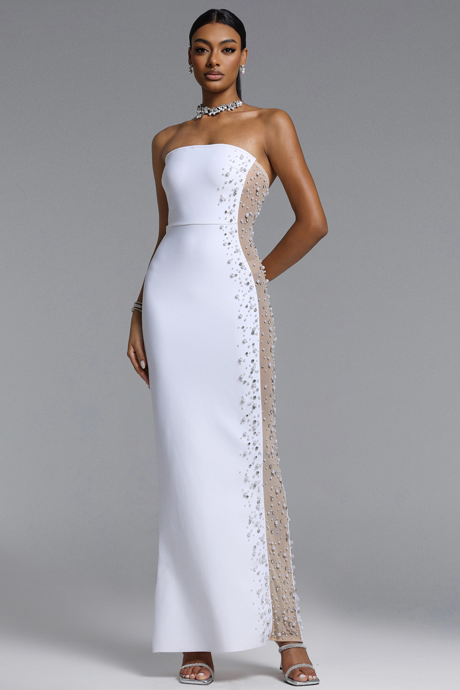Milena Elegant Contour Strapless Pearl Rhinestone Bandage Maxi Dress
