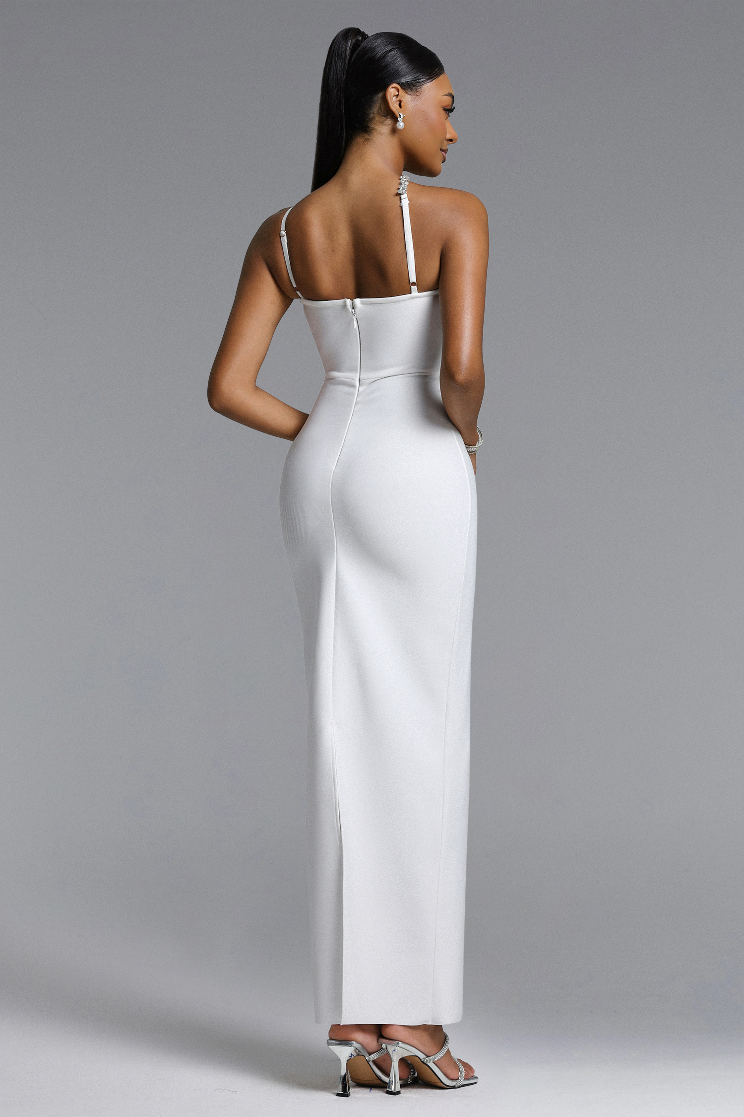 Veronic Glamorous Contour Halter Cut Out Rhinestone Floral Bandage Maxi Dress