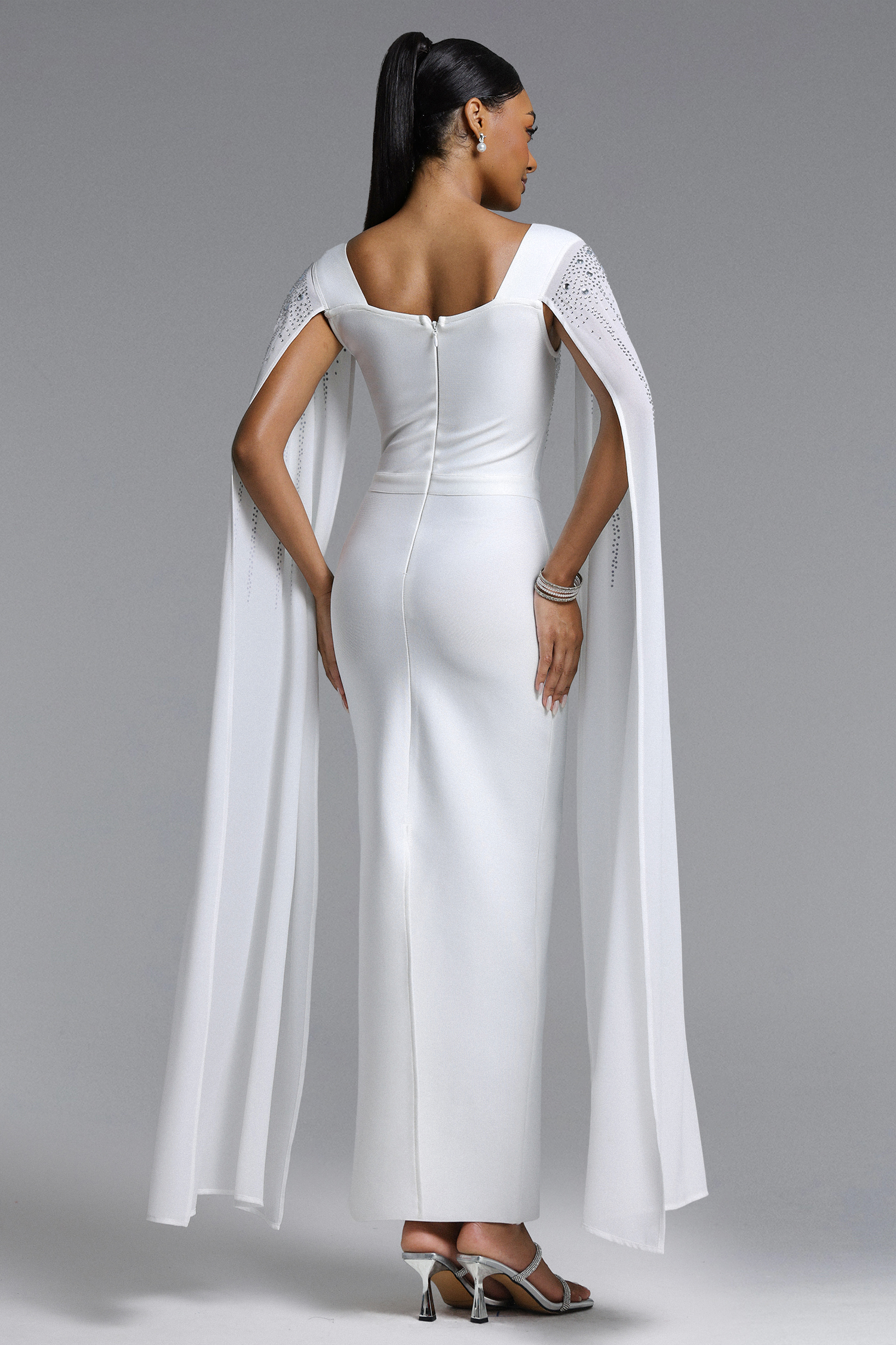 Ophelia Elegant Contour Cape Sleeve Crystal Bandage Maxi Dress