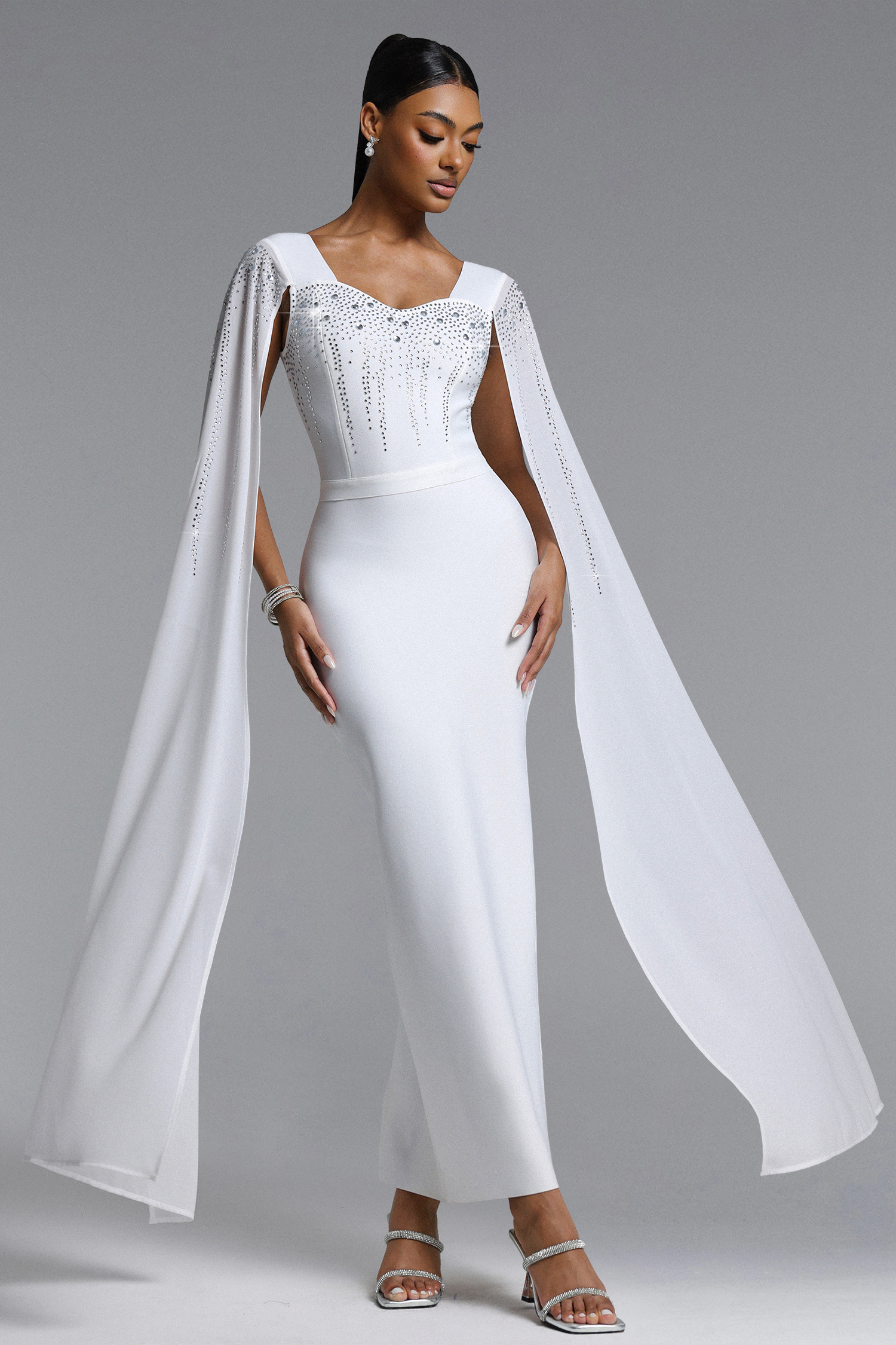 Ophelia Elegant Contour Cape Sleeve Crystal Bandage Maxi Dress