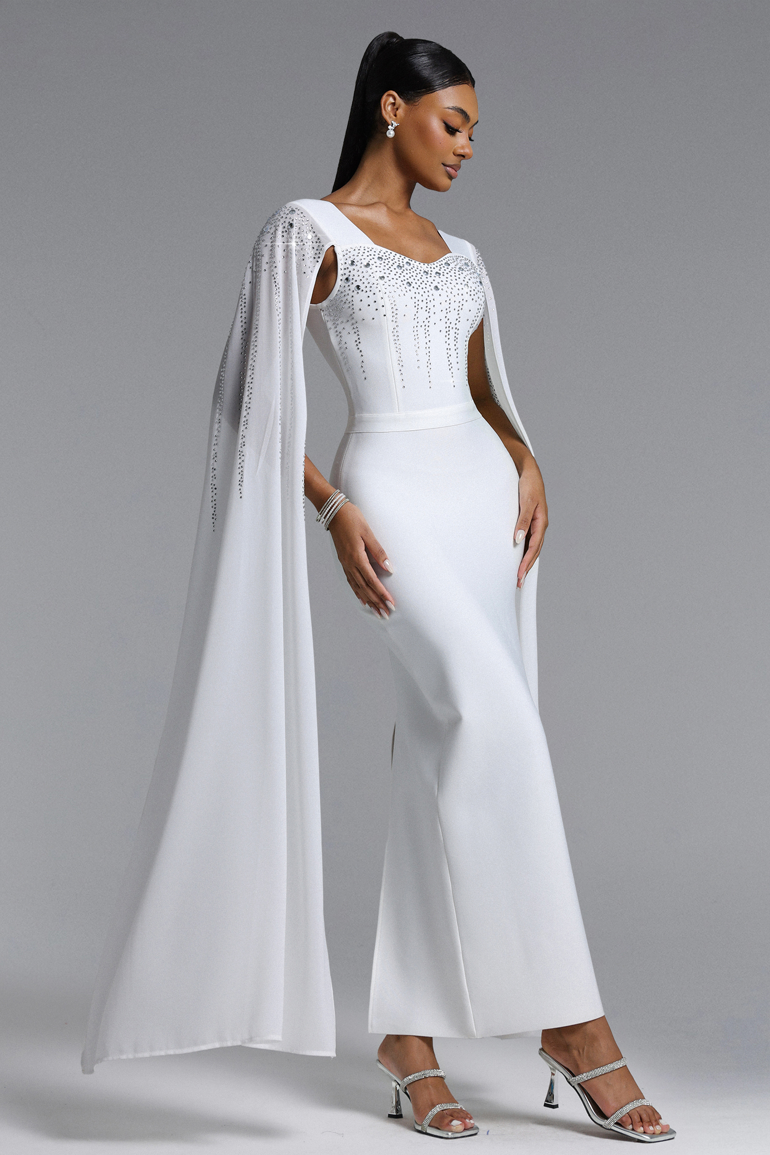 Ophelia Elegant Contour Cape Sleeve Crystal Bandage Maxi Dress