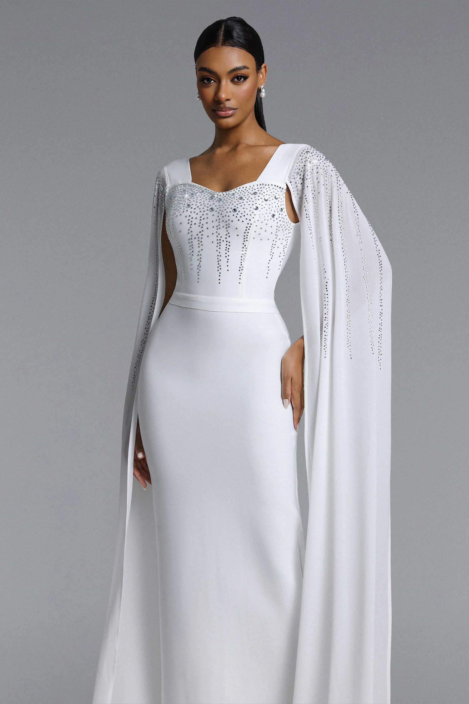 Ophelia Elegant Contour Cape Sleeve Crystal Bandage Maxi Dress