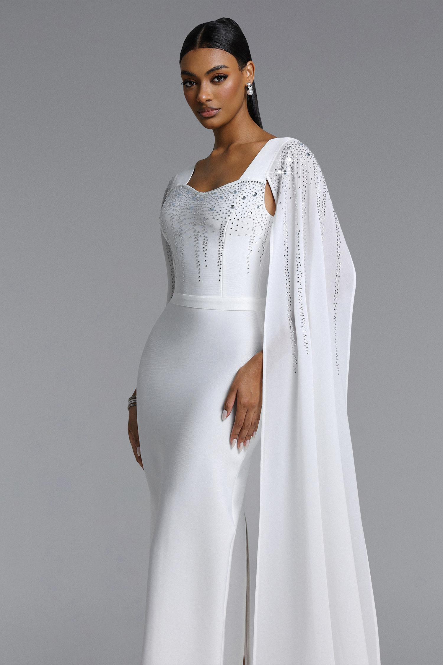 Ophelia Elegant Contour Cape Sleeve Crystal Bandage Maxi Dress