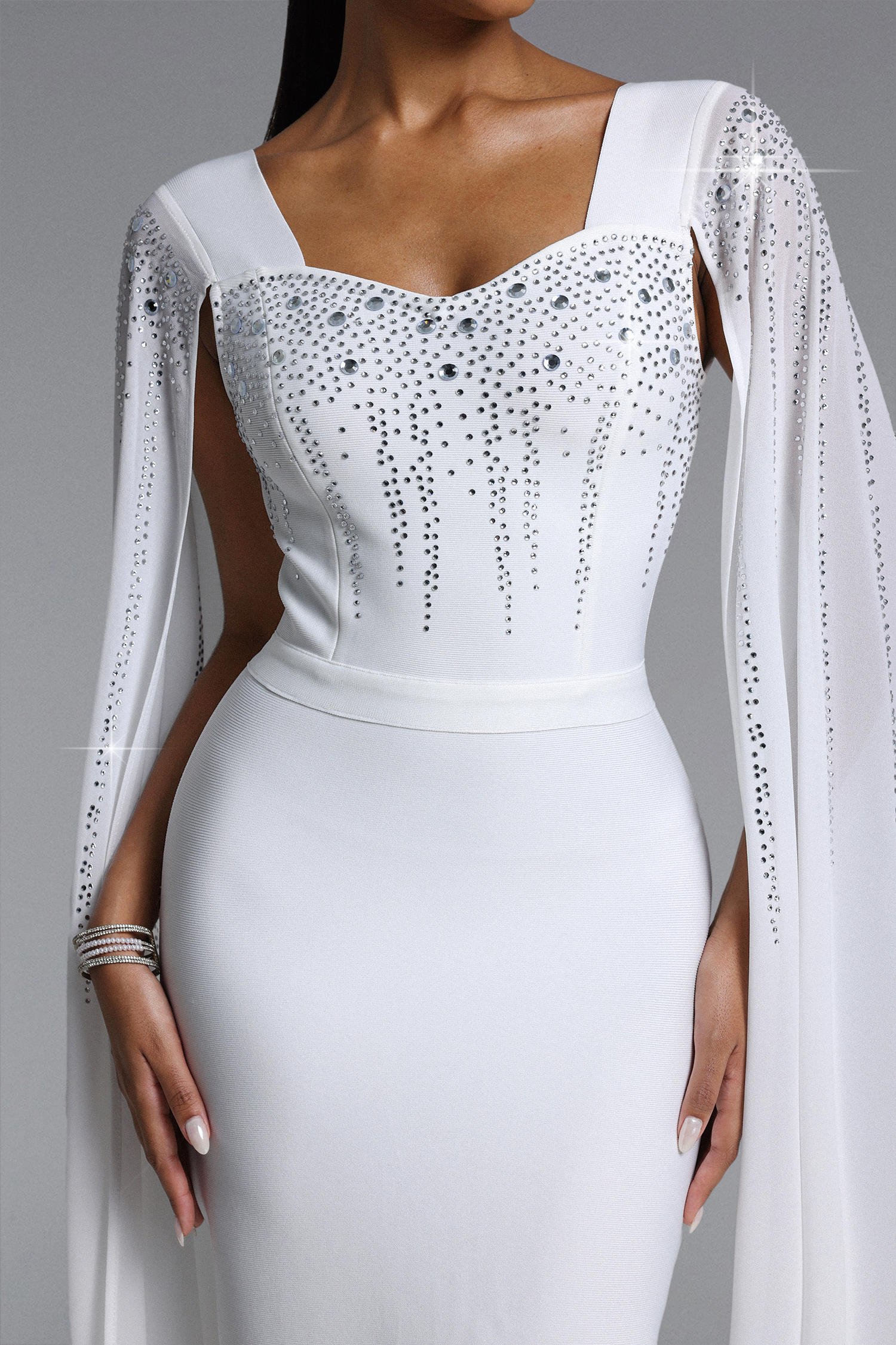 Ophelia Elegant Contour Cape Sleeve Crystal Bandage Maxi Dress