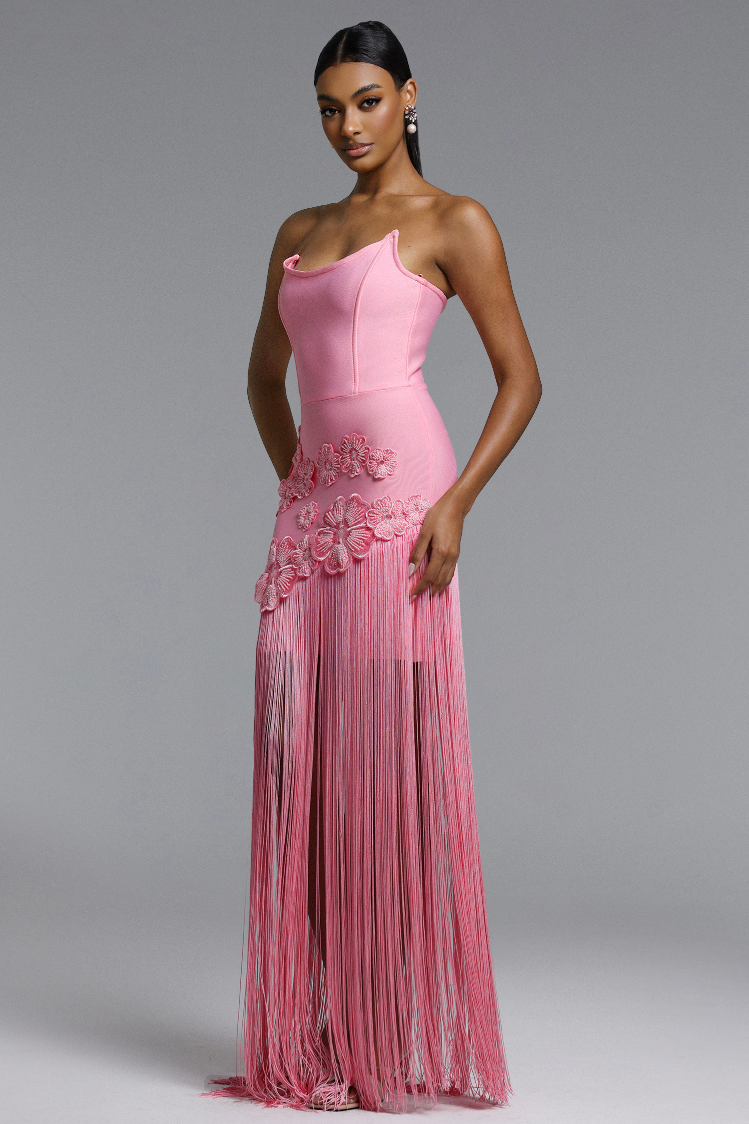 Ezgi Chic Contour Strapless Floral Fringe Bandage Maxi Dress